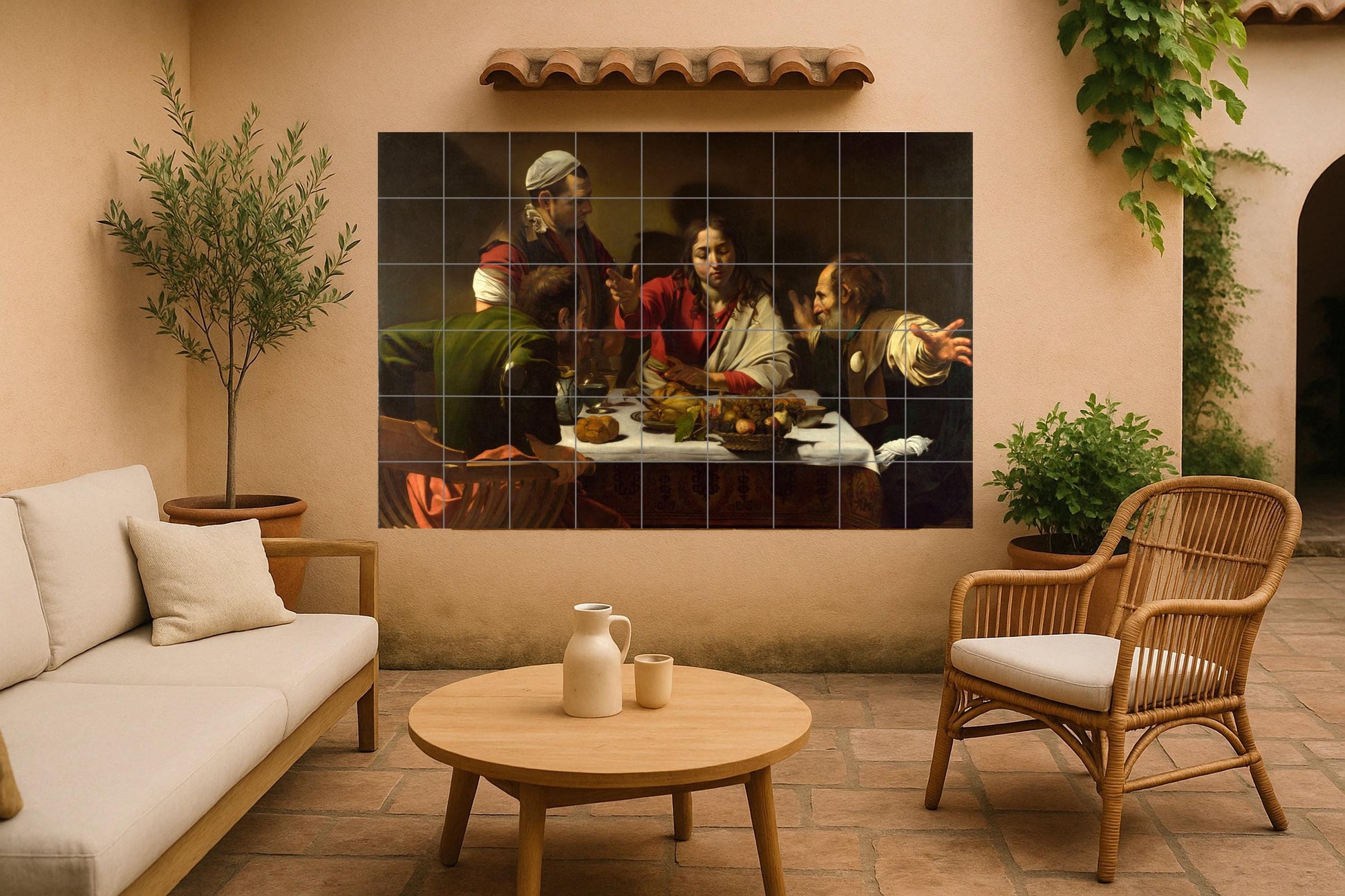 Cerámica "die cena von Emaús — Ornamentales Wandpaneel, Wandkunst aus Keramikfliesen