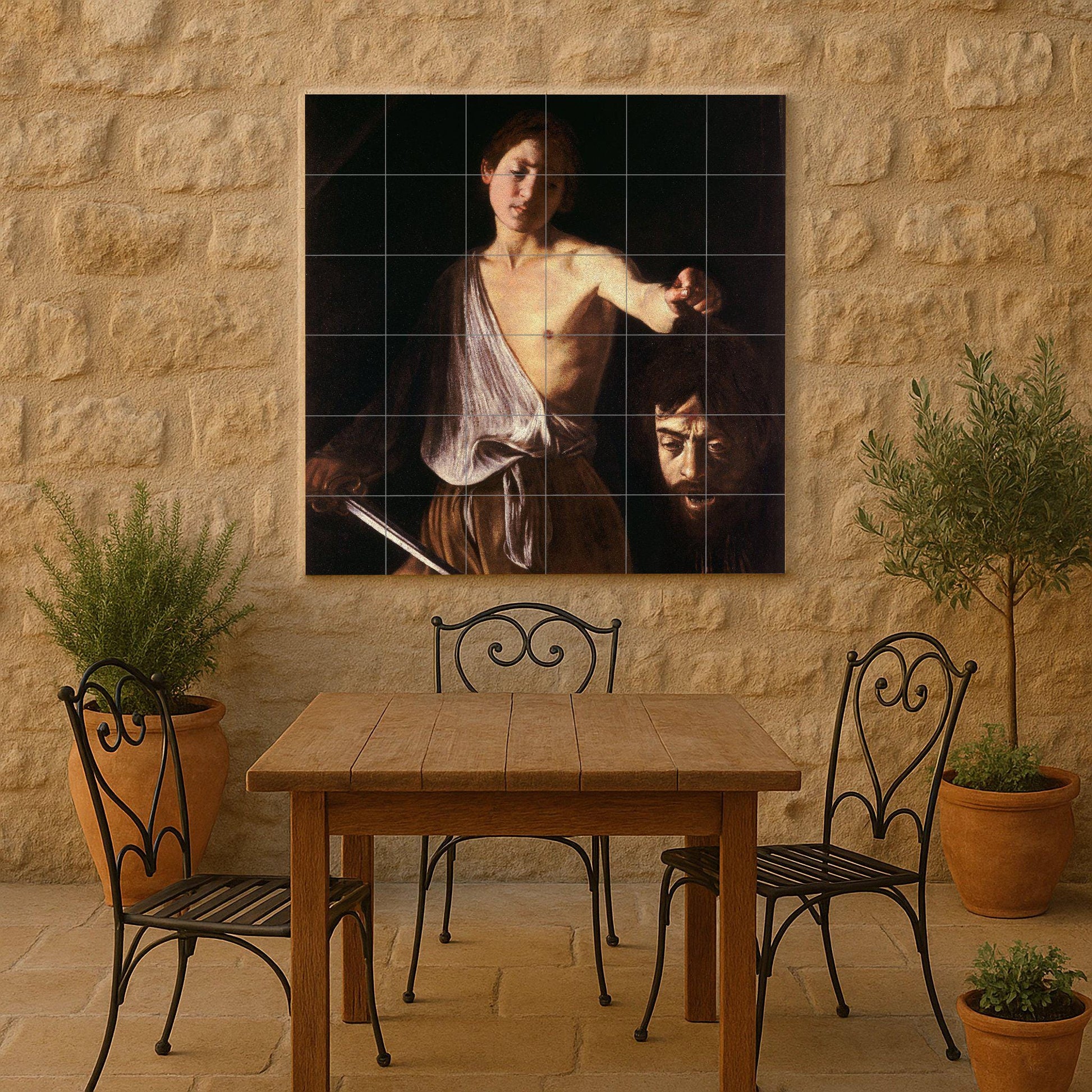 David mit die cabeza von Goliat von Caravaggio — Fliesen-Wandbild aus Keramik · Ornamentales Wandpaneel