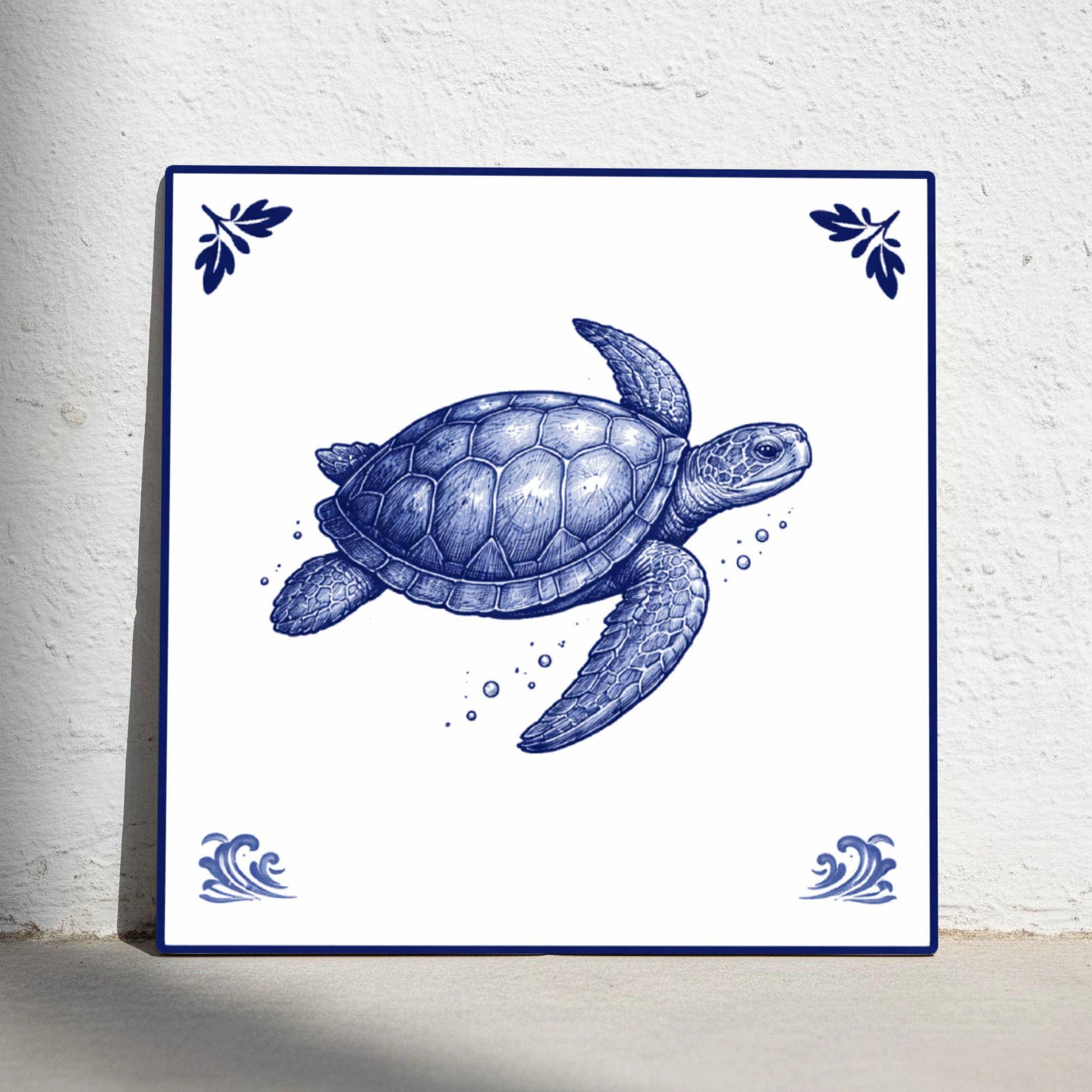 Maldives Sea Turtle · Ceramic Wall Tile — Delft Blue Style