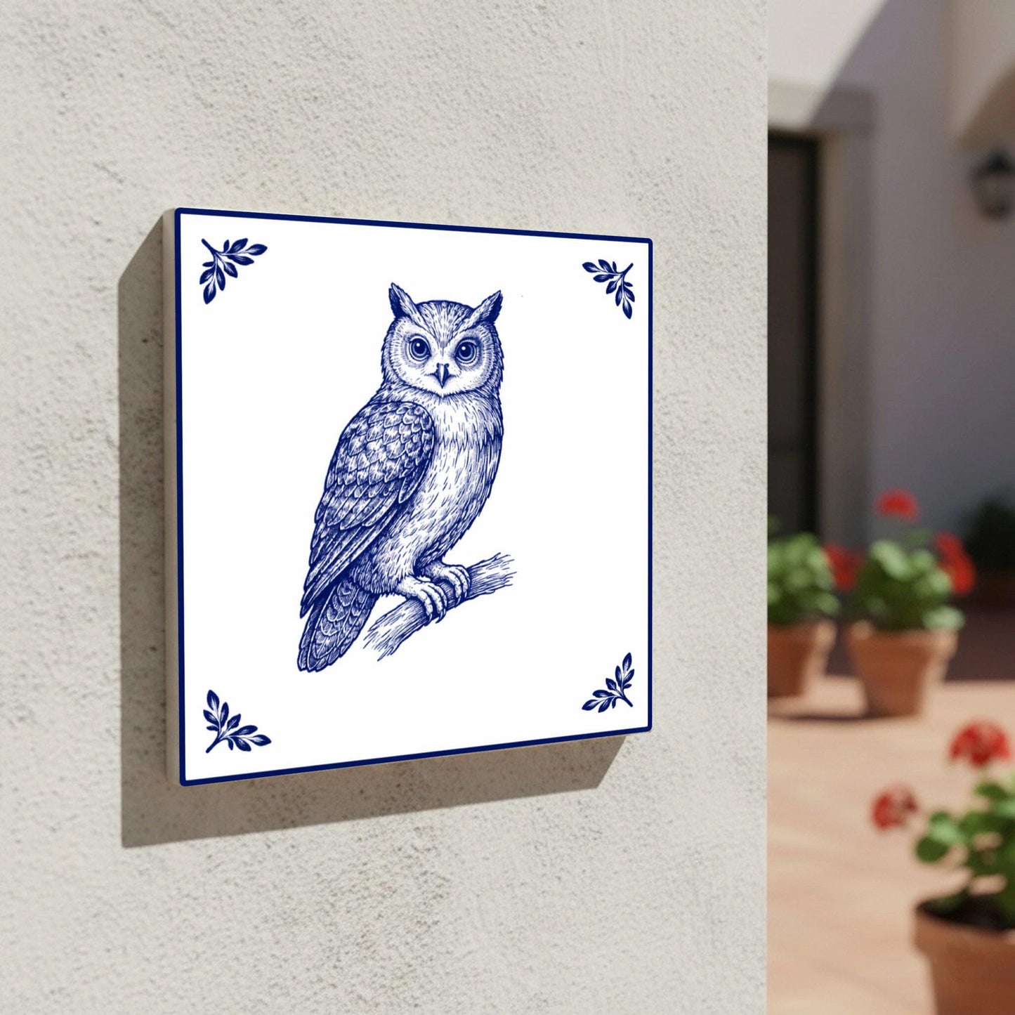 Fliese Owl · Delfter-Blau-Stil