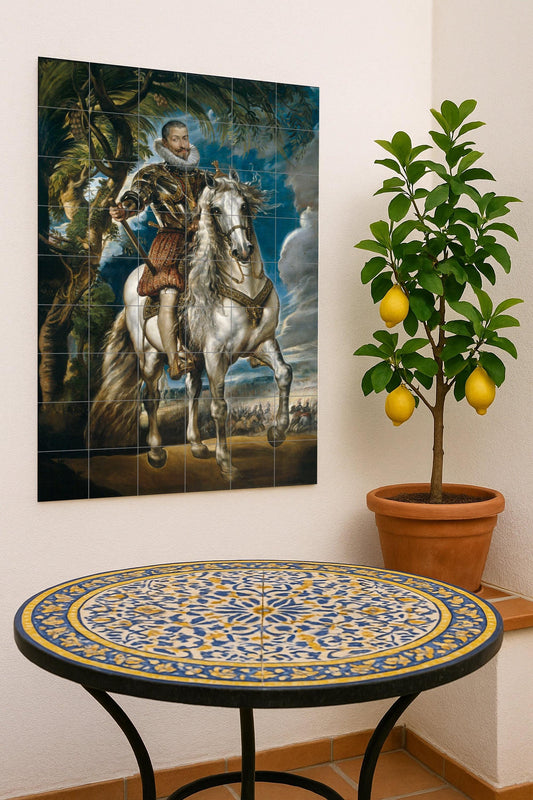 Mural de azulejos de cerámica con retrato ecuestre del duque de Lerma