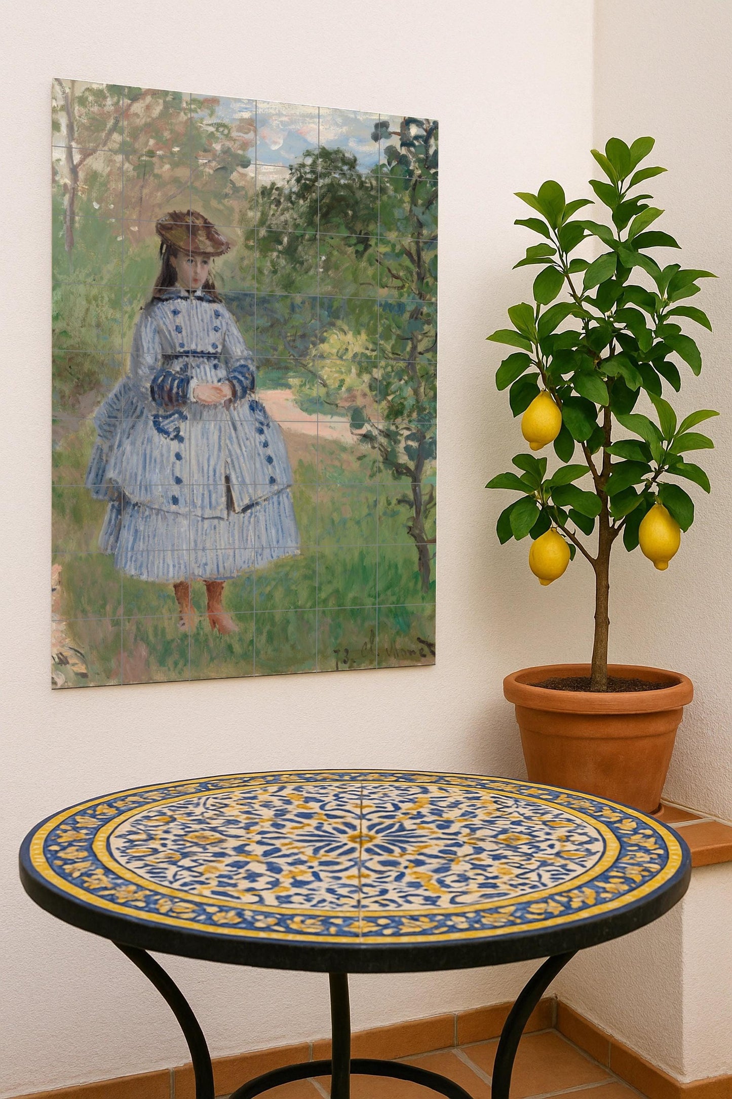 Cerámica "Niña with Dog — Ornamental Wall Panel · Ceramic Tile Mural