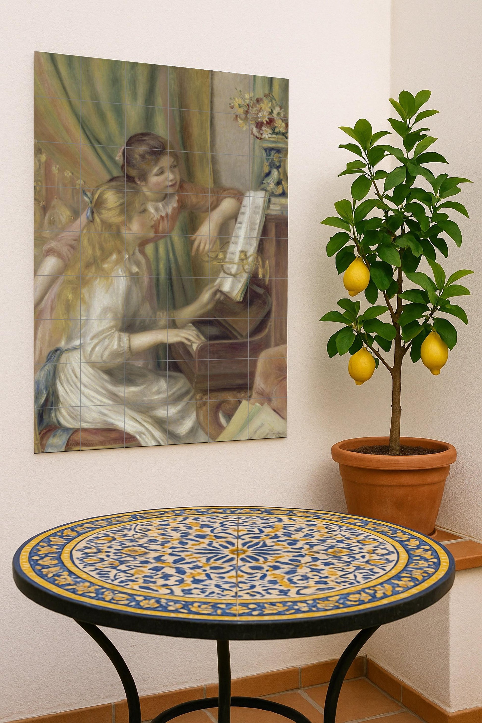Fresque en Carrelage "Chicas au piano — Panneau Mural Ornemental