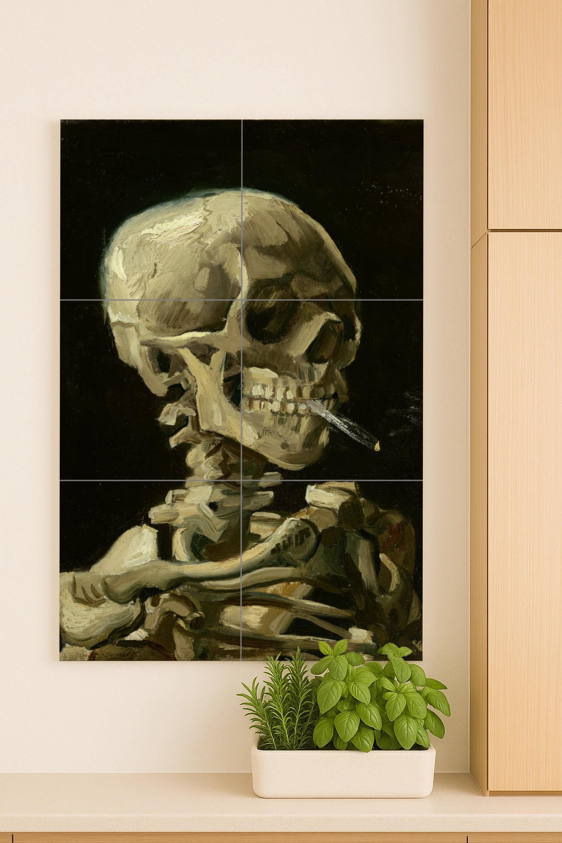Cerámica con la cabeza de un esqueleto con un cigarrillo · Keramik-Wandbild — Volkskunst & Ornament