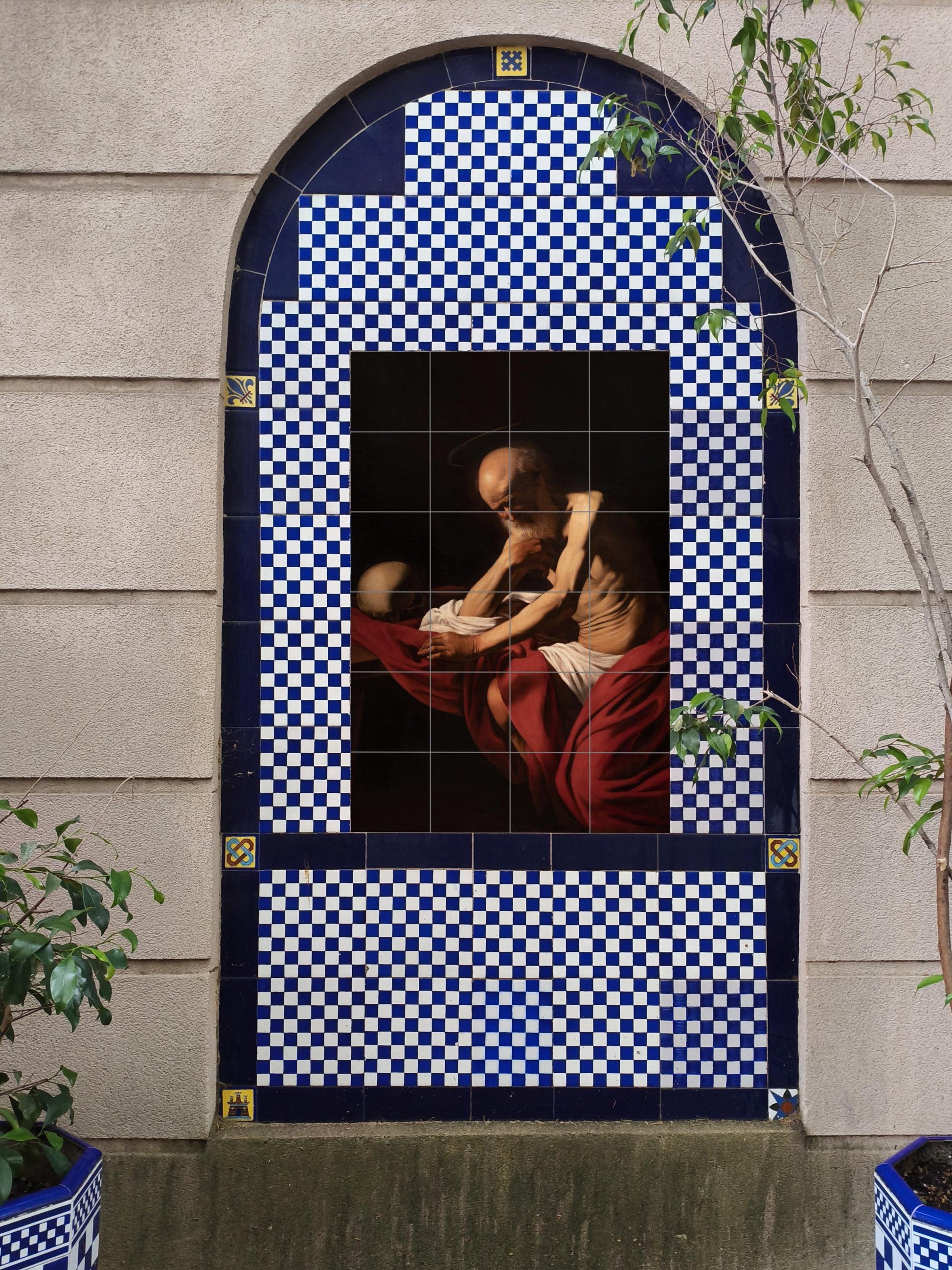 San Jerónimo in meditación — Volkskunst-Dekor, Wandkunst aus Keramikfliesen