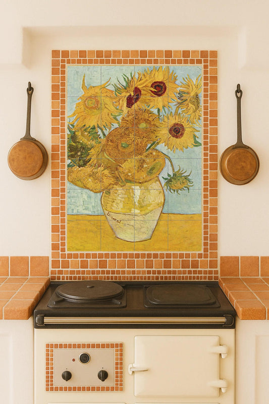 Mural de azulejos de cerámica con girasoles