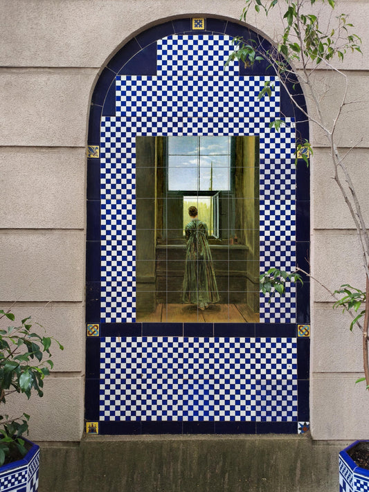 Cerámica "Woman in a Window · Ceramic Wall Mural — Decorative Pattern Mural