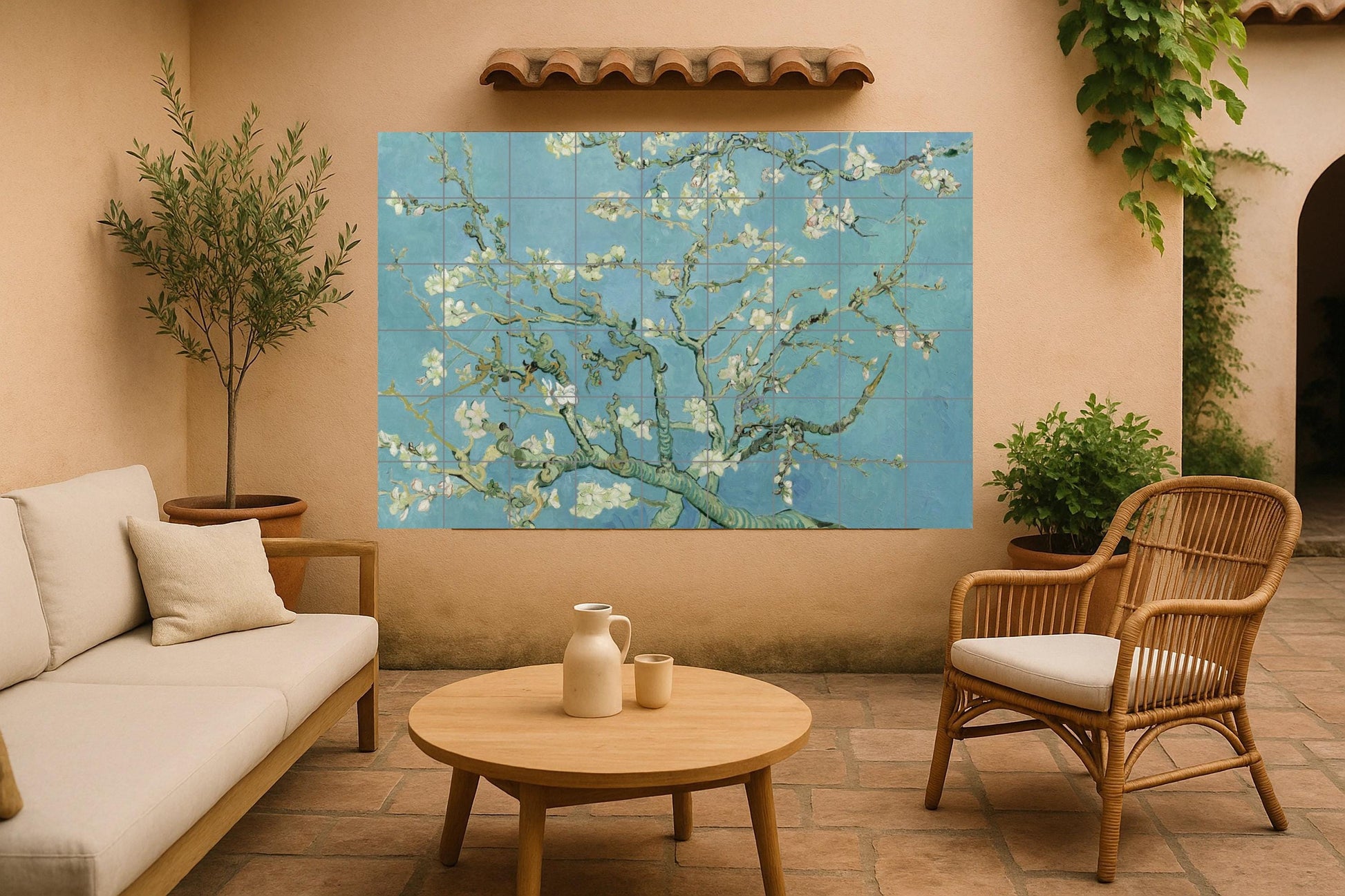Mural de azulejos de cerámica con flores de almendro