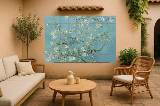 Mural de azulejos de cerámica con flores de almendro