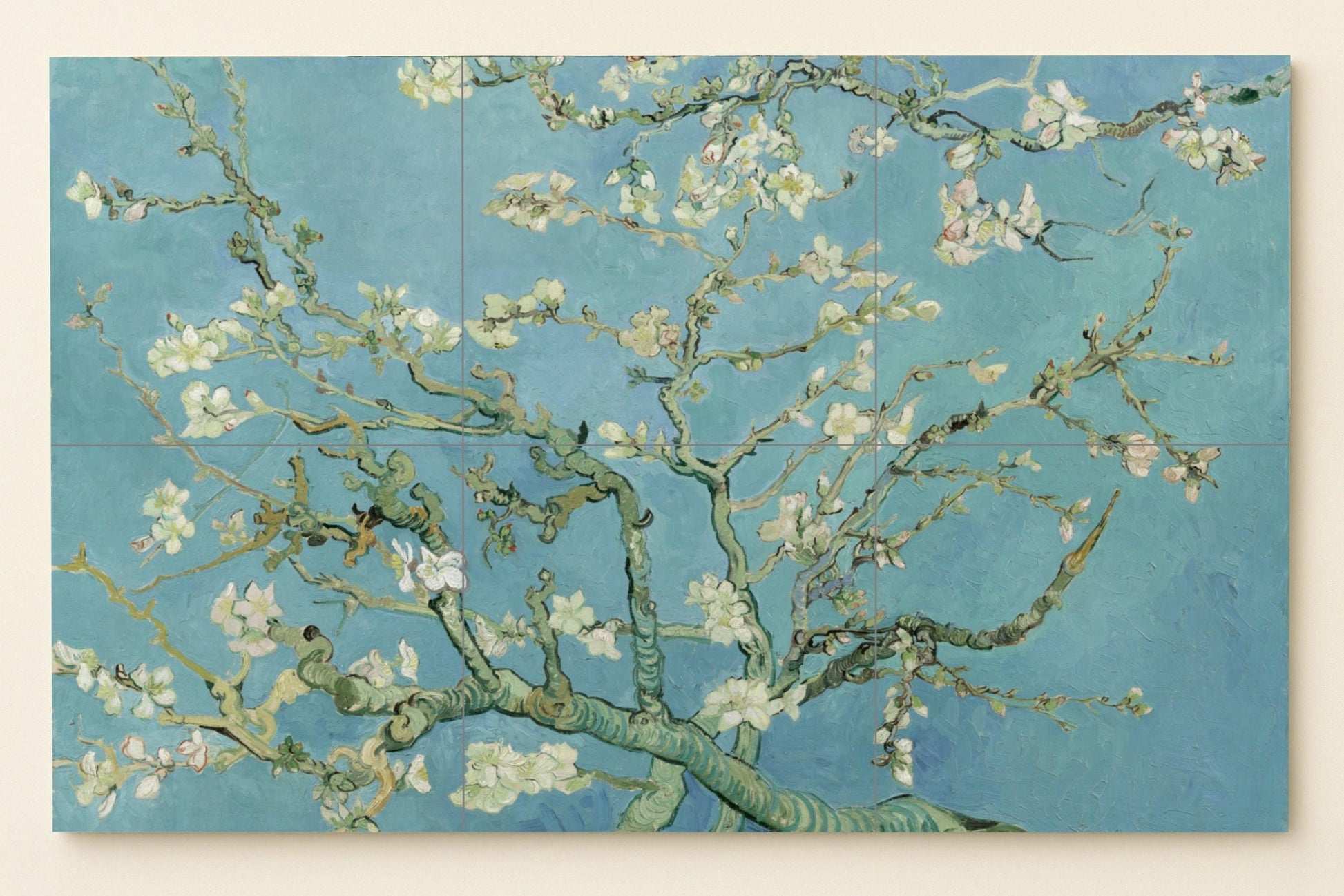 Mural de azulejos de cerámica con flores de almendro