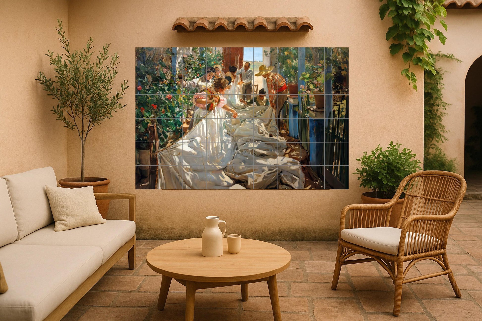 Mural de azulejos "Cosiendo la vela" de Sorolla