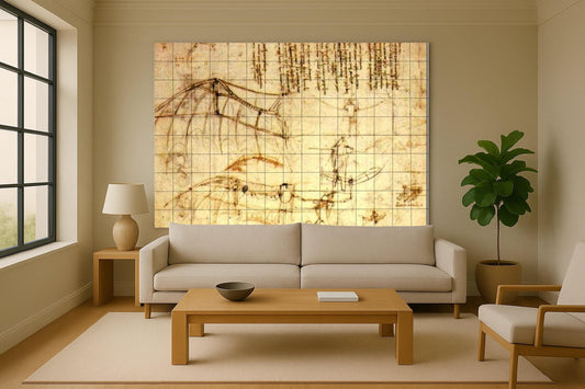 Mural de azulejos con boceto de la máquina voladora de Leonardo da Vinci