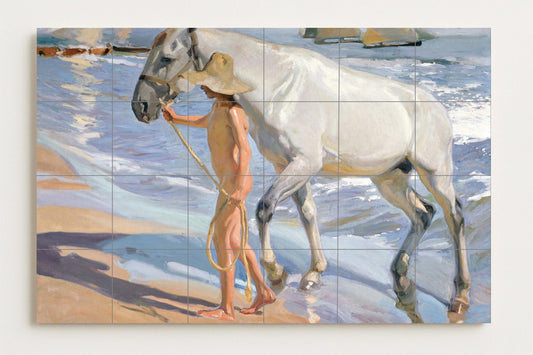 Mural de azulejos de baño con caballos de Sorolla