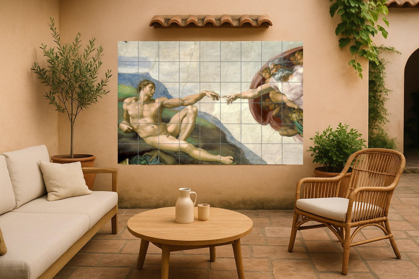 Mural de azulejos de la Creación de Adán de Miguel Ángel