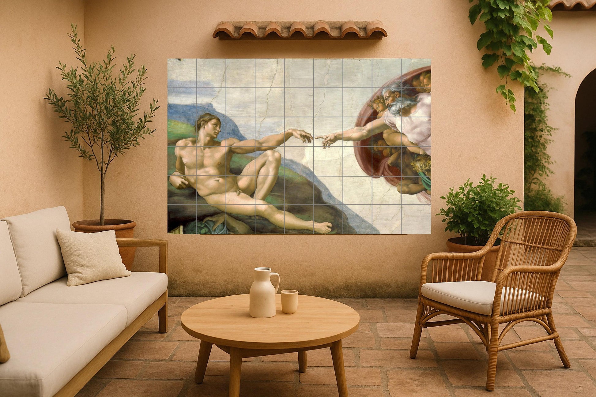 Mural de azulejos de la Creación de Adán de Miguel Ángel