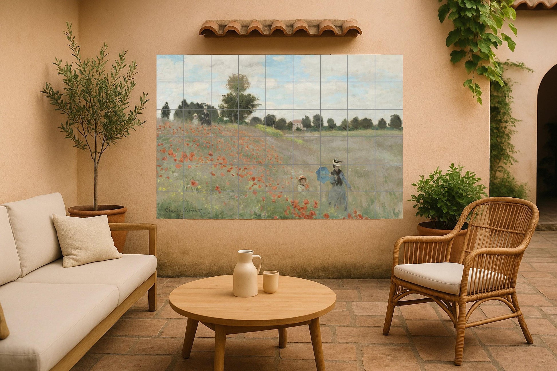 Mural de azulejos de cerámica con temática de campo de amapolas