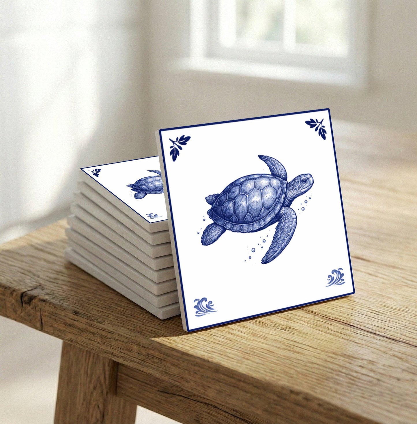 Maldives Sea Turtle · Ceramic Wall Tile — Delft Blue Style