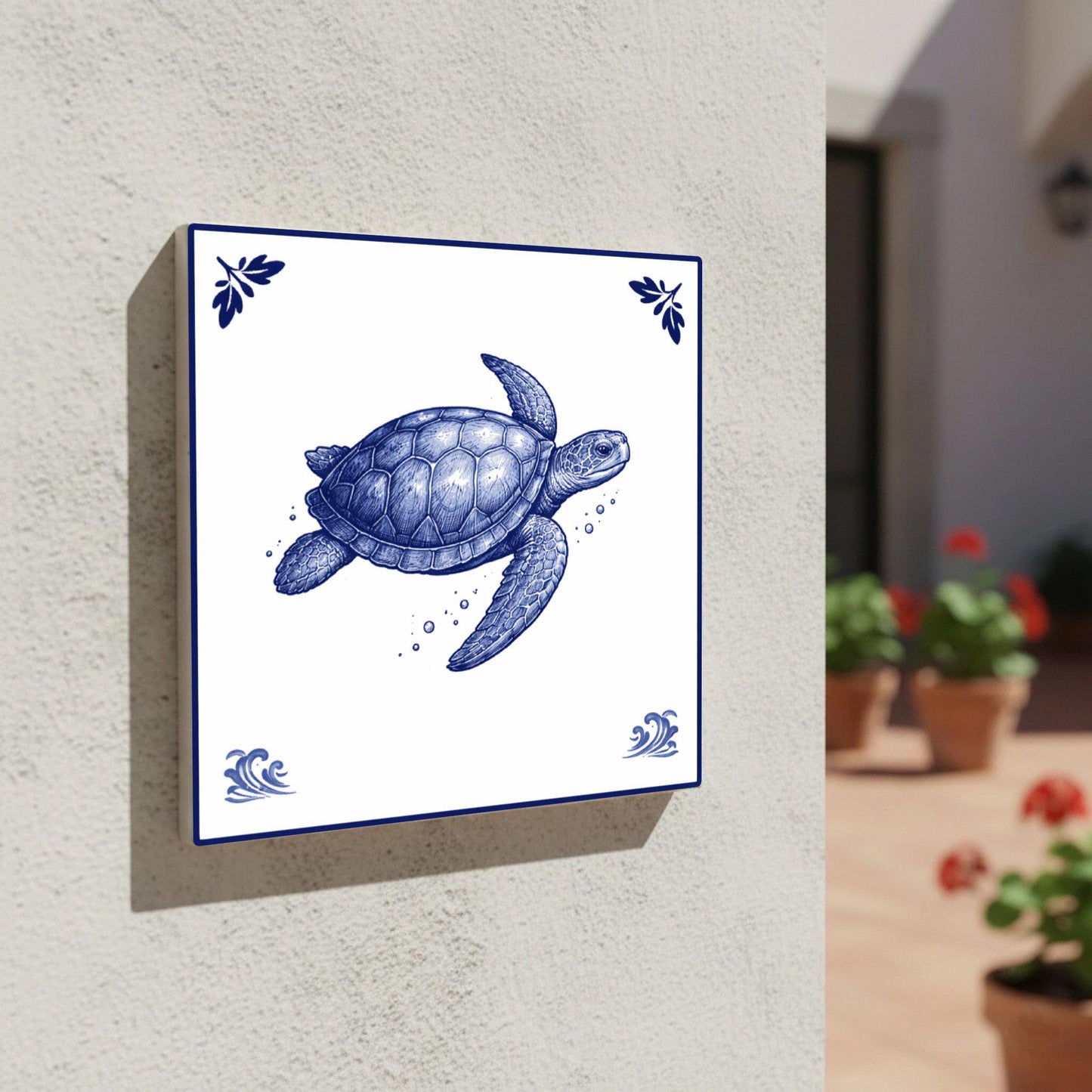 Maldives Sea Turtle · Ceramic Wall Tile — Delft Blue Style