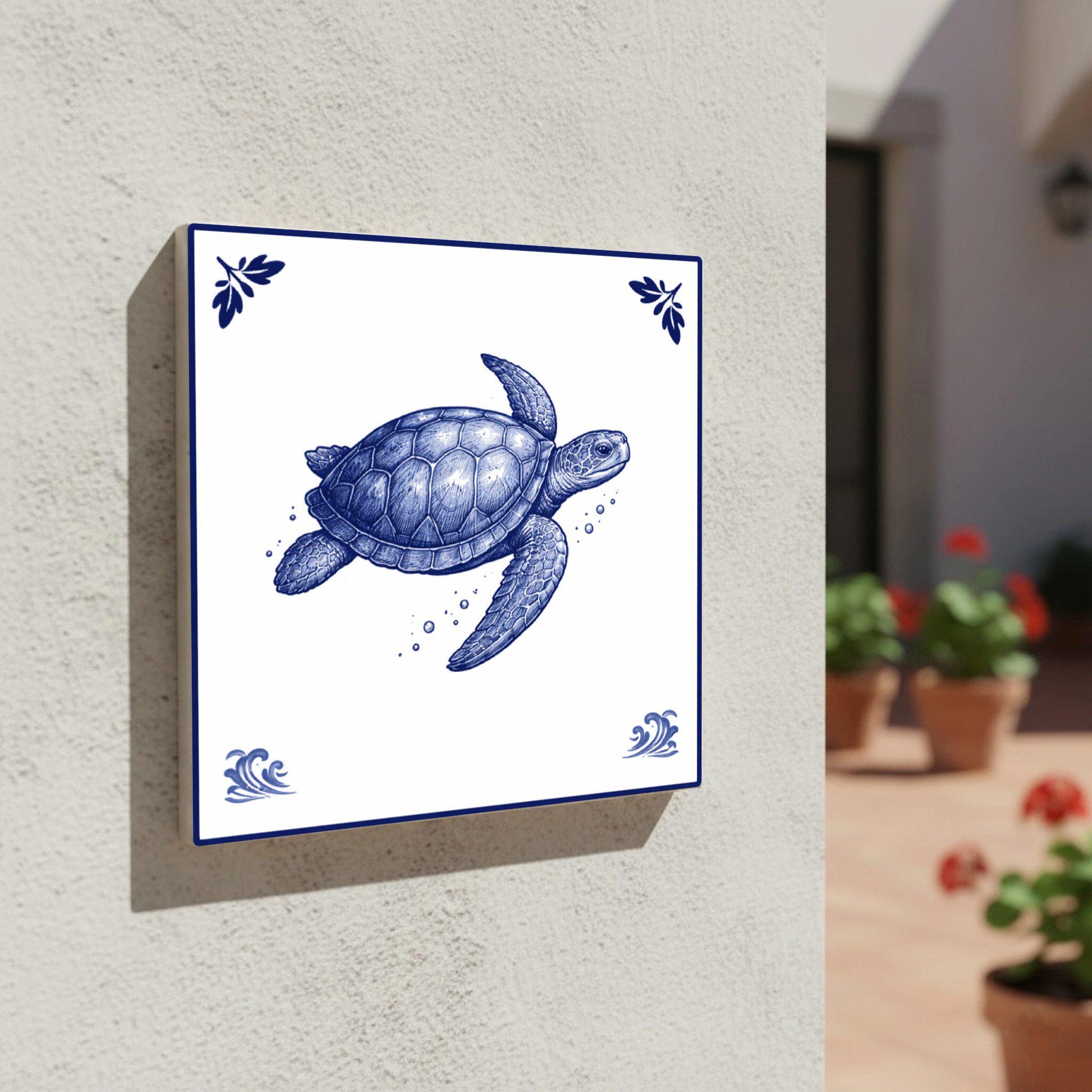 Maldives Sea Turtle · Ceramic Wall Tile — Delft Blue Style