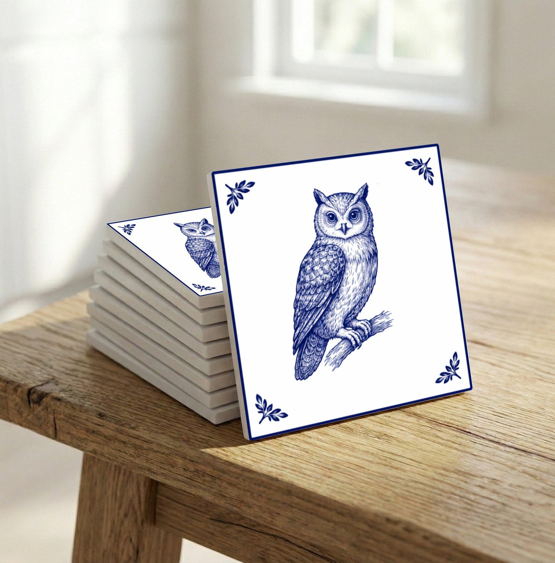 Fliese Owl · Delfter-Blau-Stil