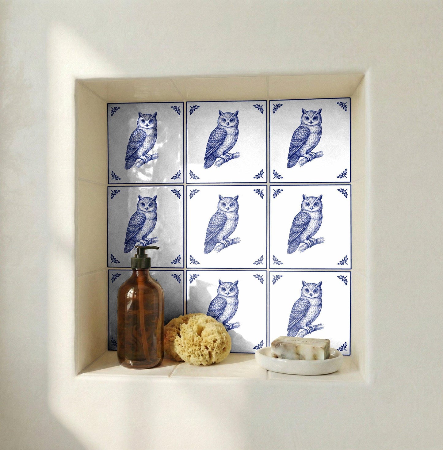 Fliese Owl · Delfter-Blau-Stil