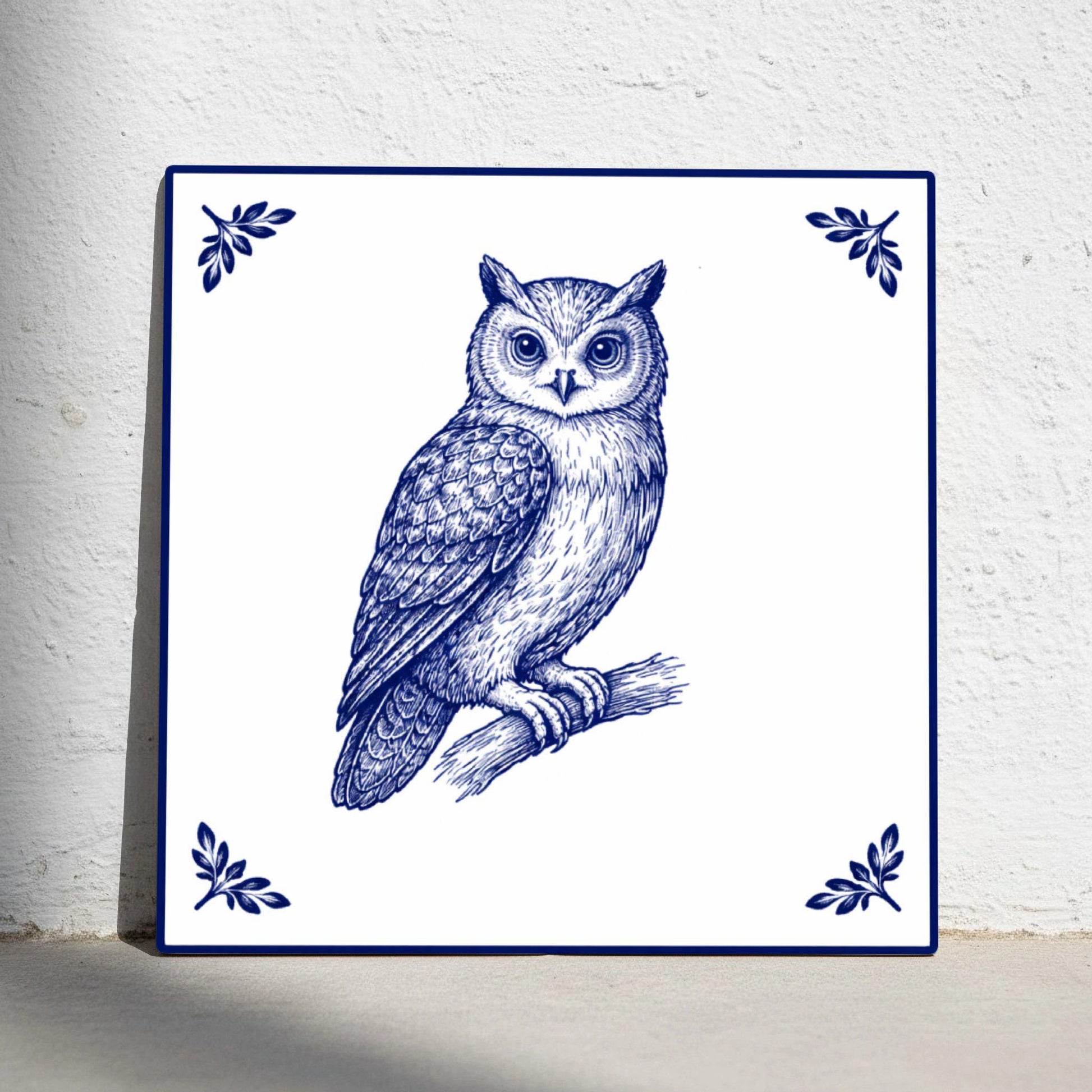 Fliese Owl · Delfter-Blau-Stil