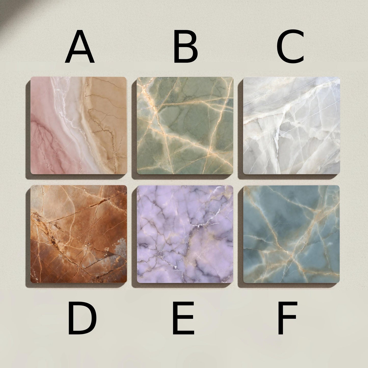 Posavasos Texturas de mármol en tonos pastel, ónix rosa, mármol verde y azulejos