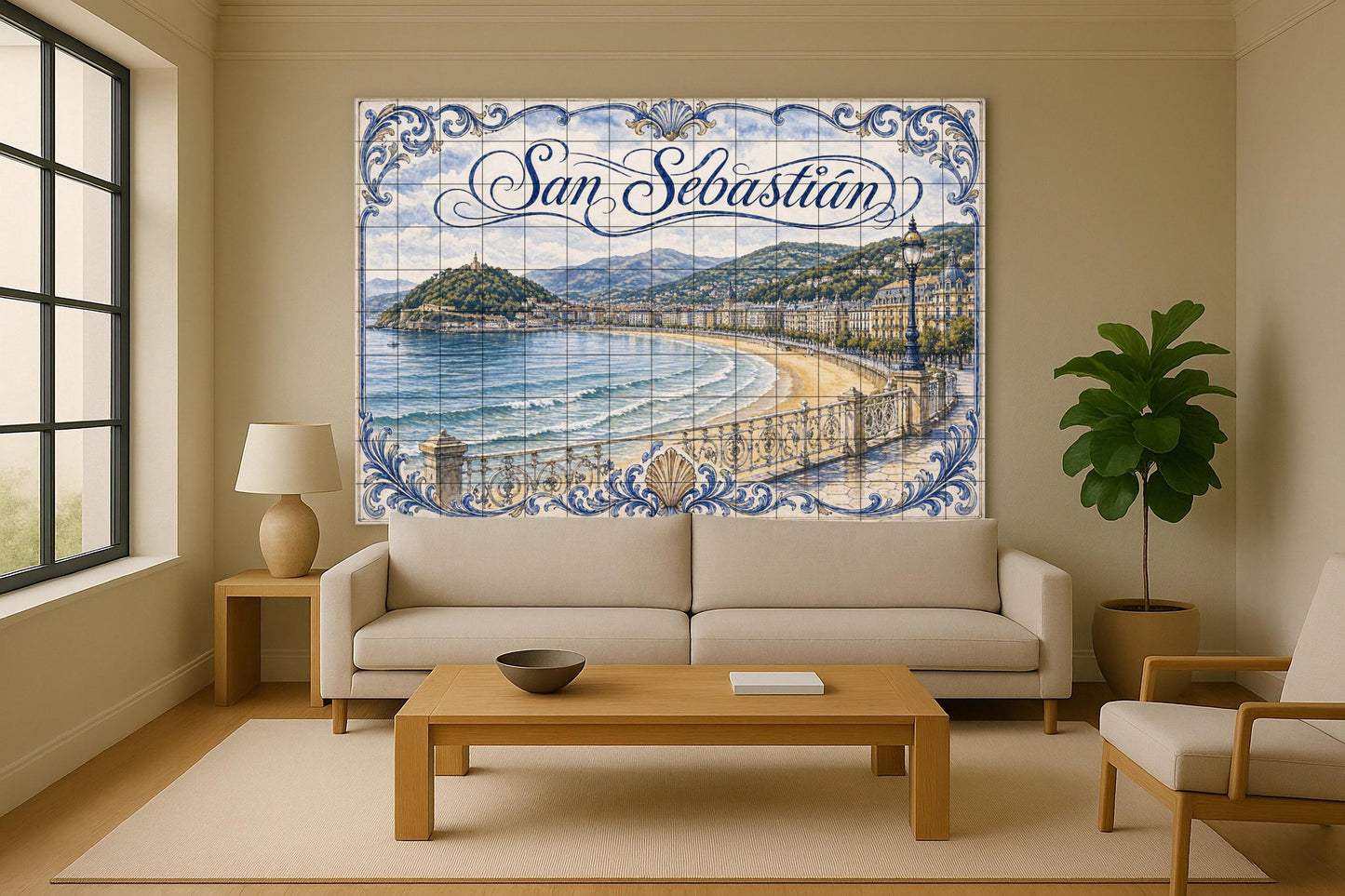 La Concha, San Sebastián, decoración de pare · Fresque Céramique — Paysage Urbain en Carreaux