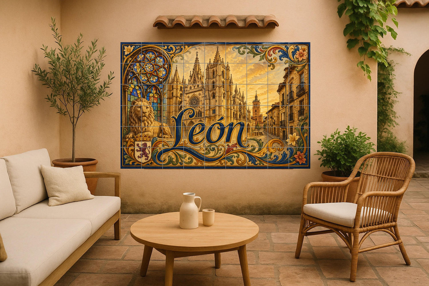 La Catedral de León, decoración de pared gót — Fliesen-Wandbild aus Keramik · Wahrzeichen-Wandbild