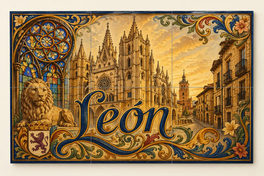 La Catedral de León, decoración de pared gót — Cityscape in Tile · Ceramic Tile Mural