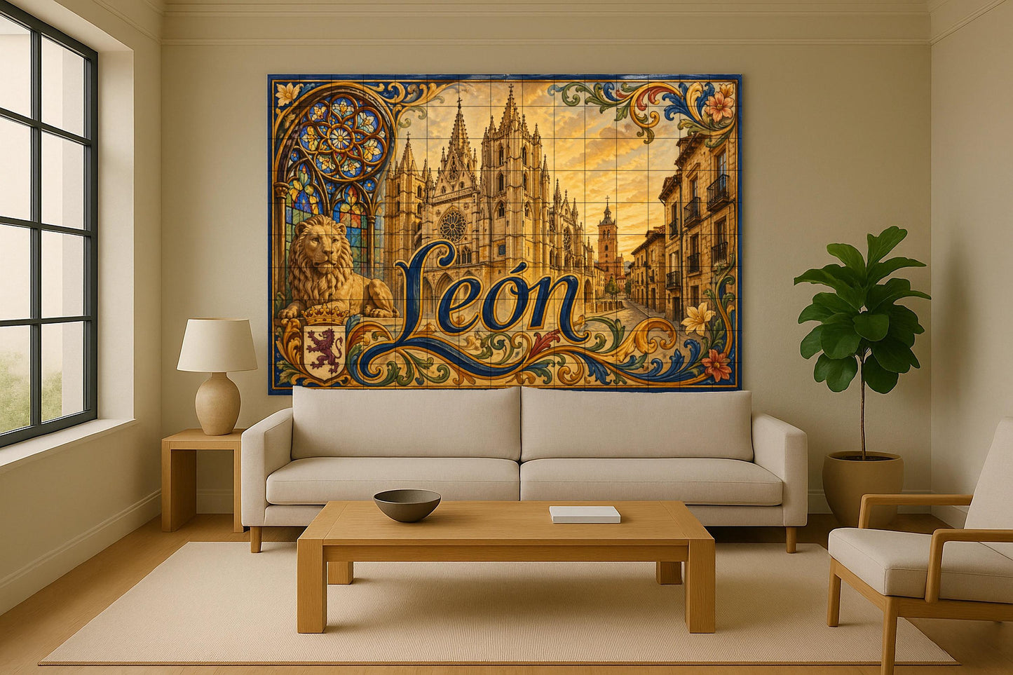 La Catedral de León, decoración de pared gót — Fliesen-Wandbild aus Keramik · Wahrzeichen-Wandbild