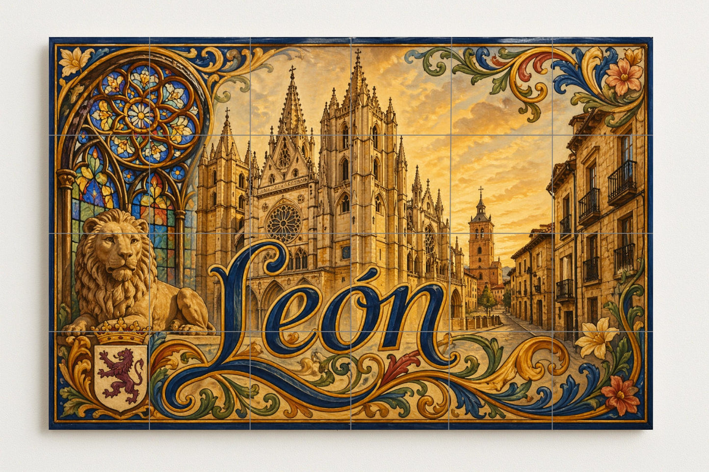 La Catedral de León, decoración de pared gót — Fliesen-Wandbild aus Keramik · Wahrzeichen-Wandbild