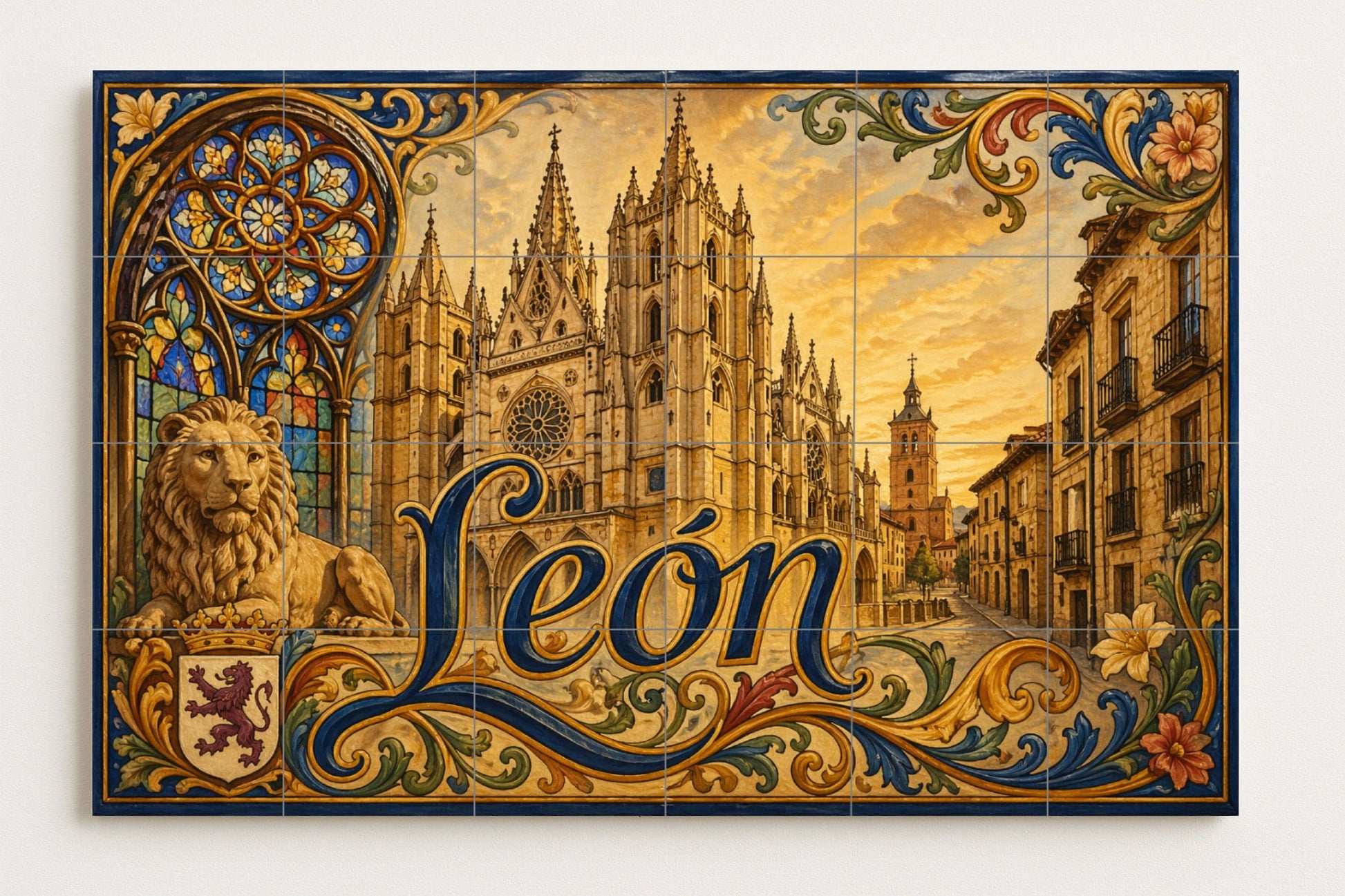 La Catedral de León, decoración de pared gót — Fliesen-Wandbild aus Keramik · Wahrzeichen-Wandbild