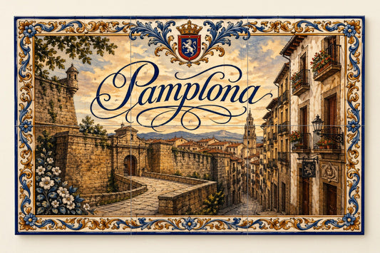 Medieval de Pamplona, decoración de pared histó — Cityscape in Tile · Tile Wall Art
