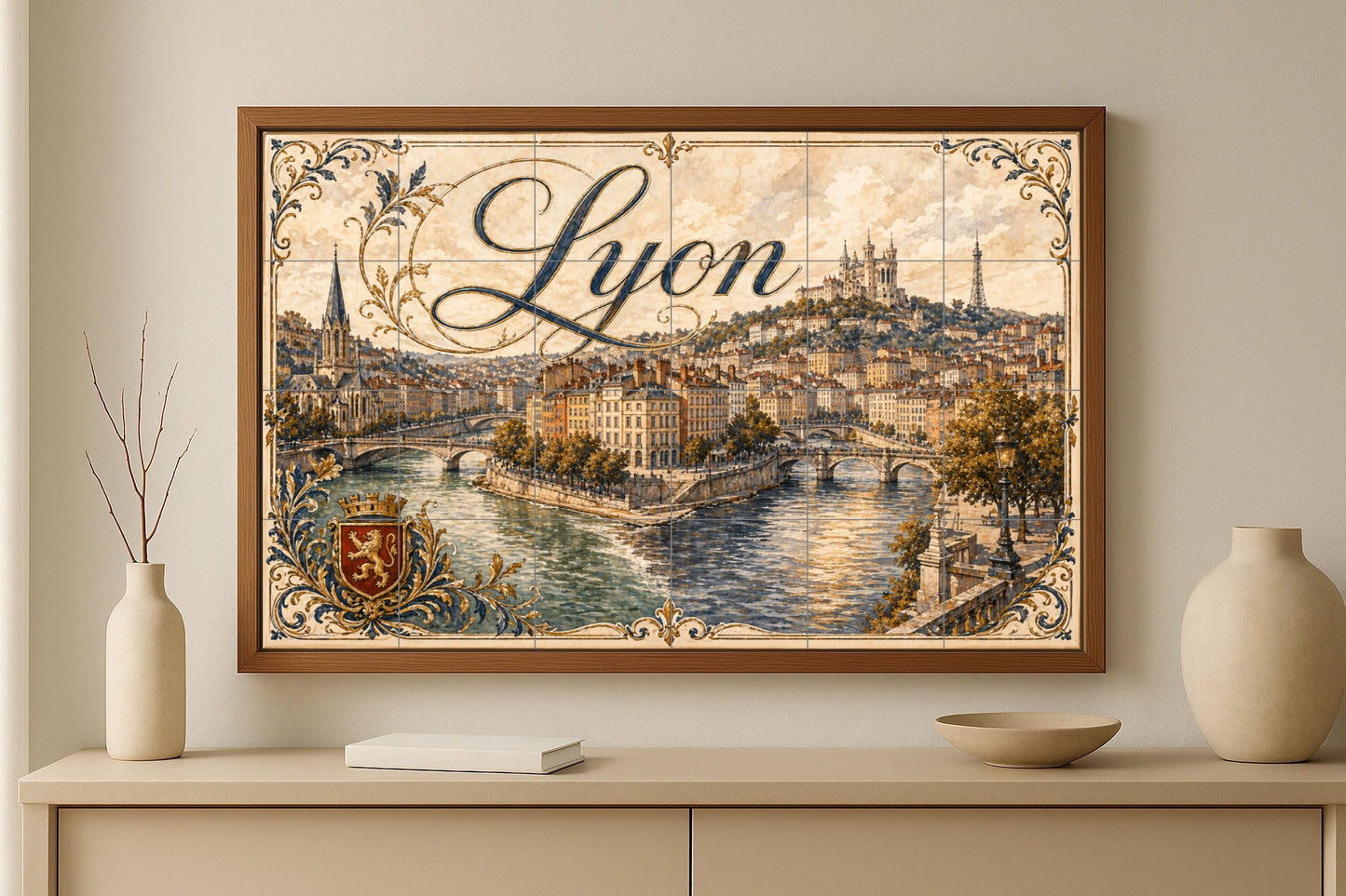 A orillas del río Lyon, decoración de pared — Fliesen-Wandbild aus Keramik · Wahrzeichen-Wandbild
