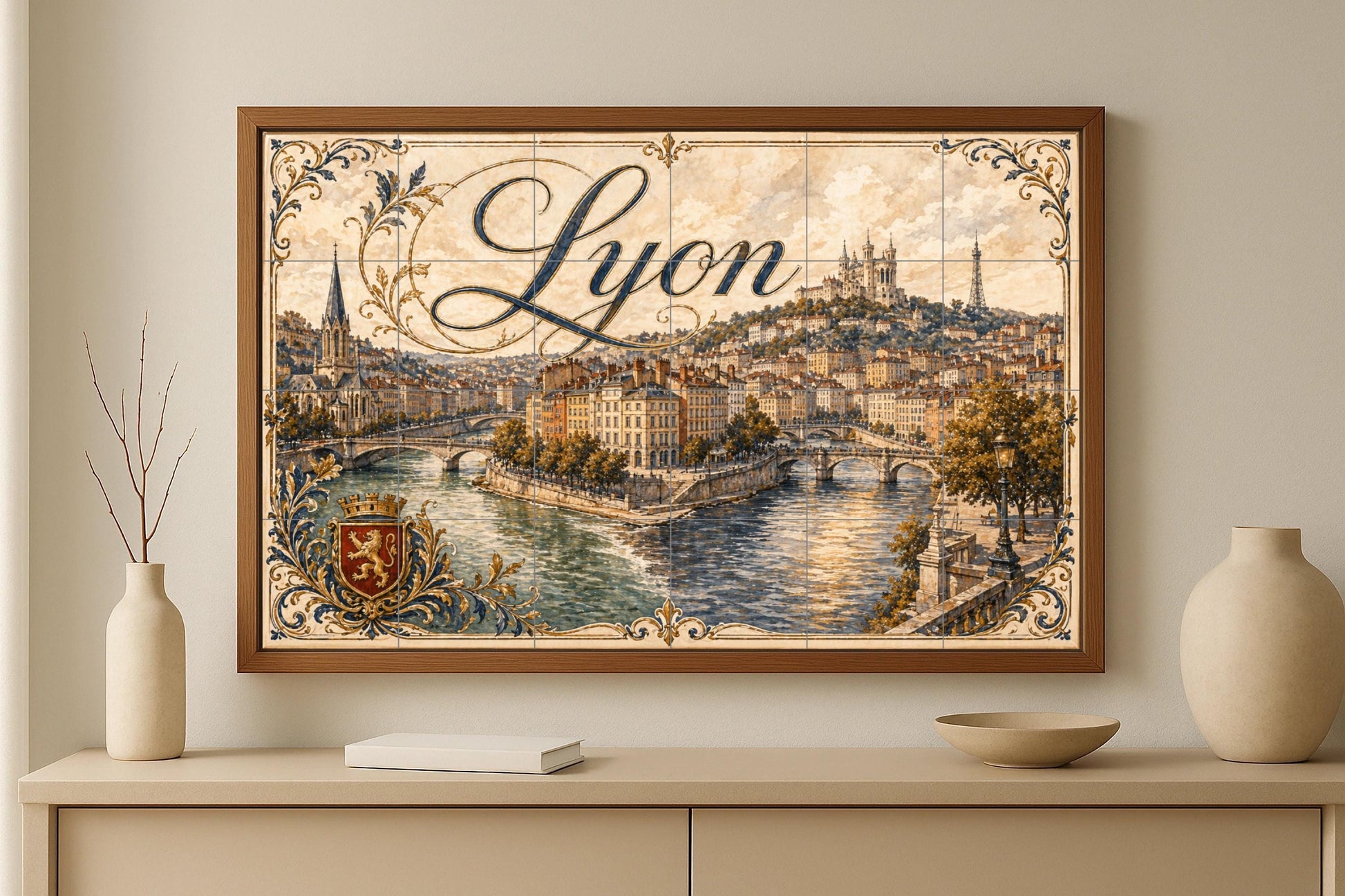 A orillas del río Lyon, decoración de pared — Fliesen-Wandbild aus Keramik · Wahrzeichen-Wandbild