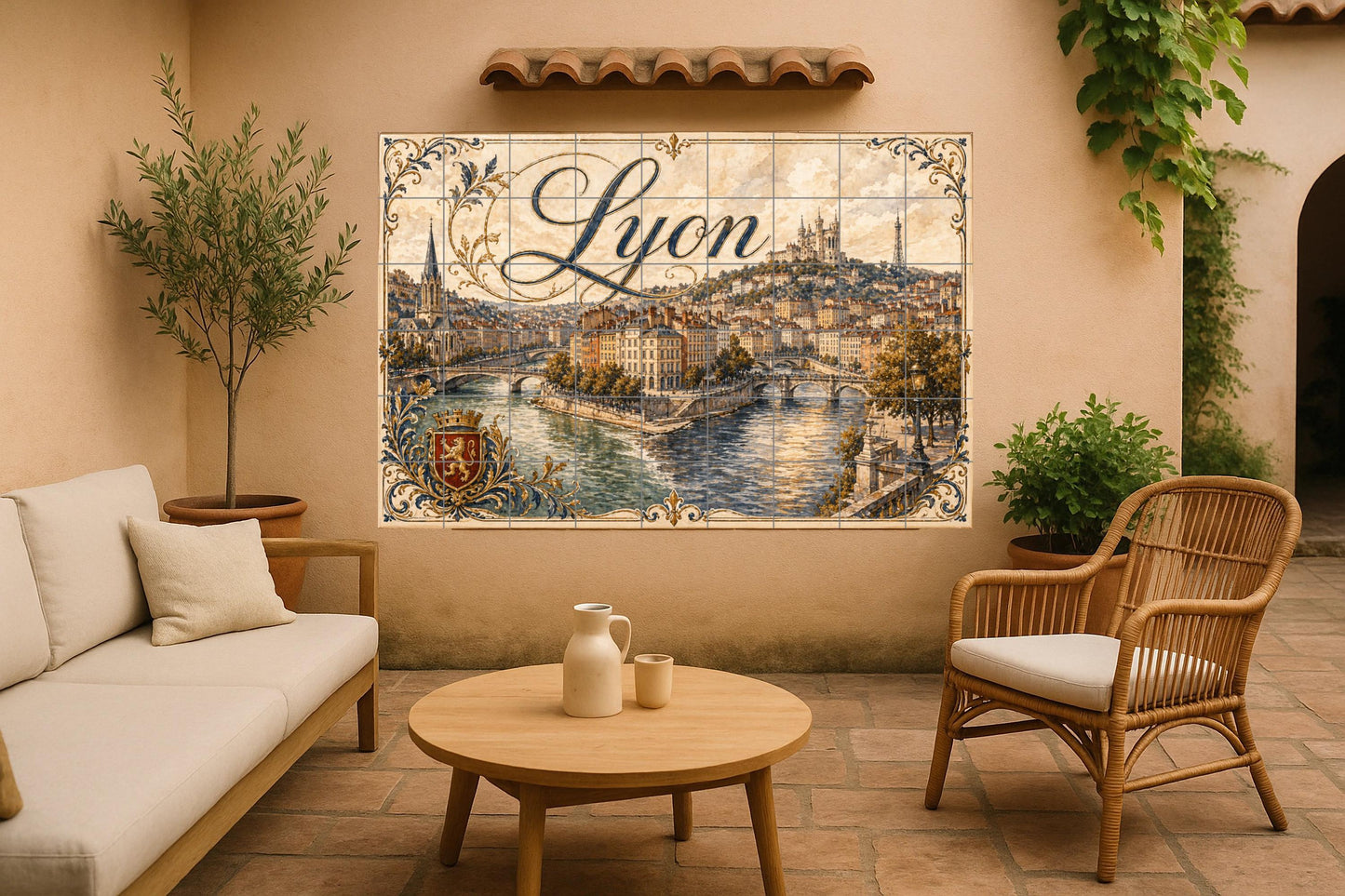A orillas del río Lyon, decoración de pared — Fliesen-Wandbild aus Keramik · Wahrzeichen-Wandbild