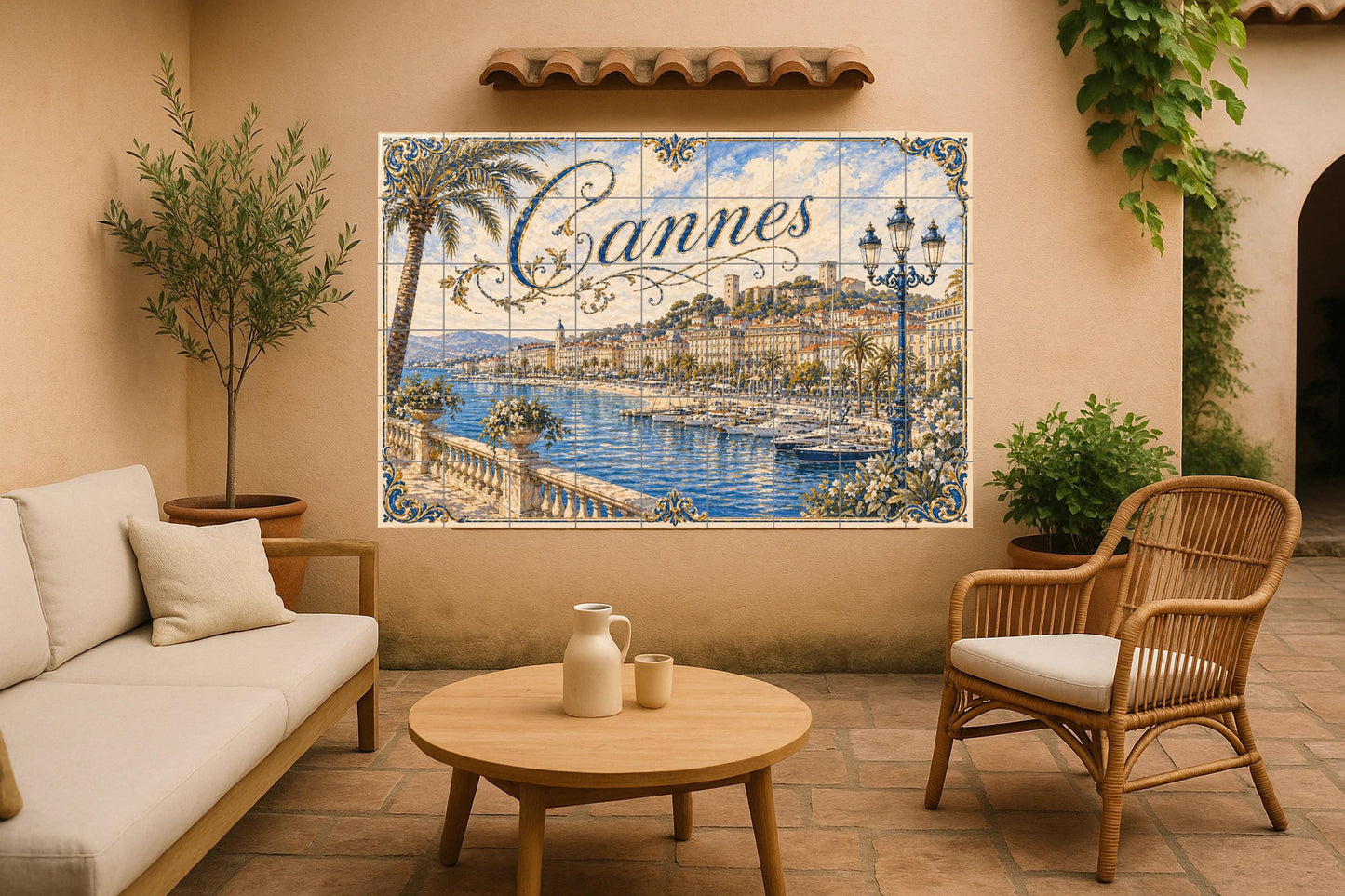 Cannes, Art Mural of the Riviera French co · Ceramic Wall Mural — Sea & Coastal Art