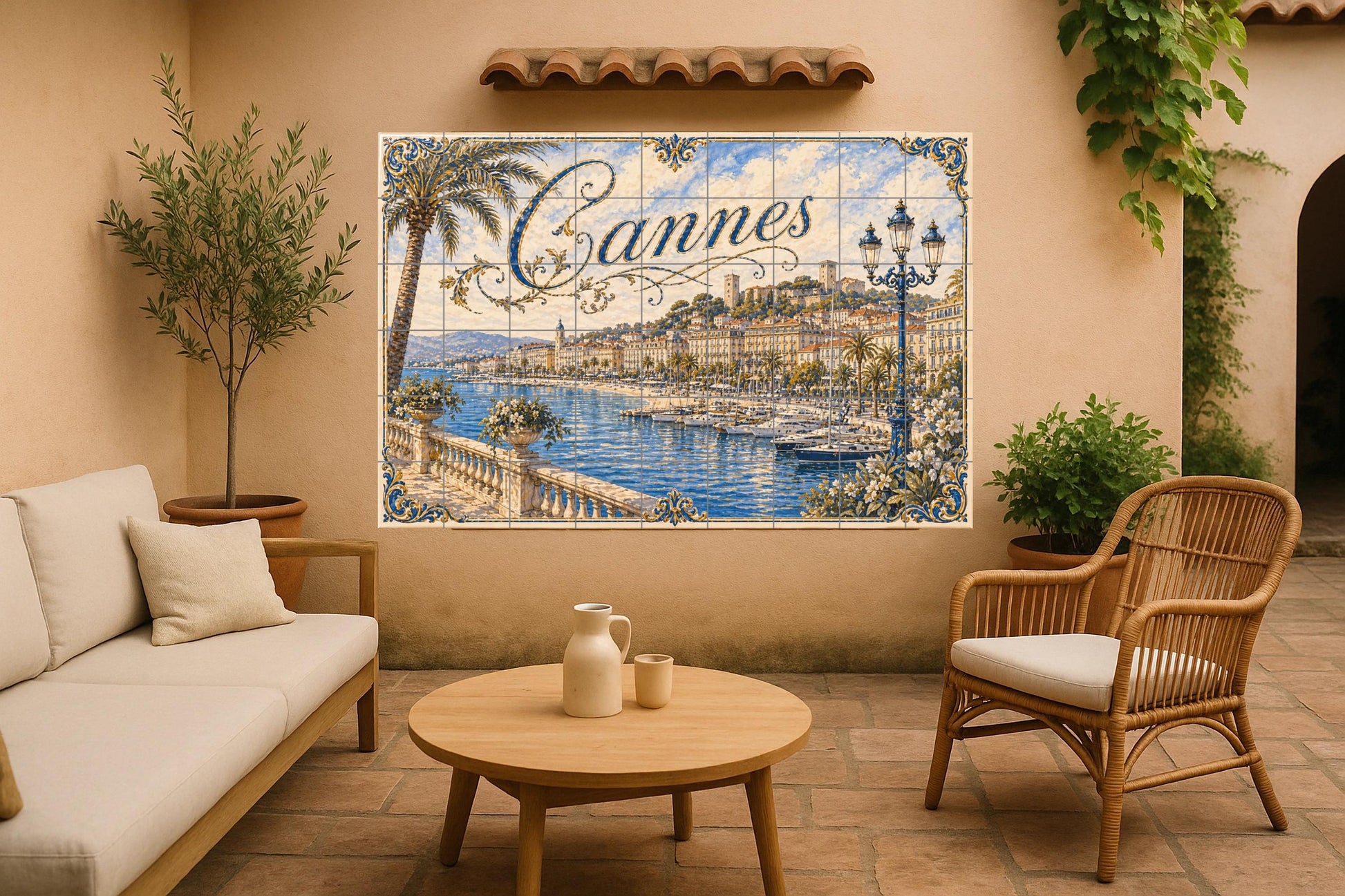 Cannes, Art Mural of the Riviera French co · Ceramic Wall Mural — Sea & Coastal Art