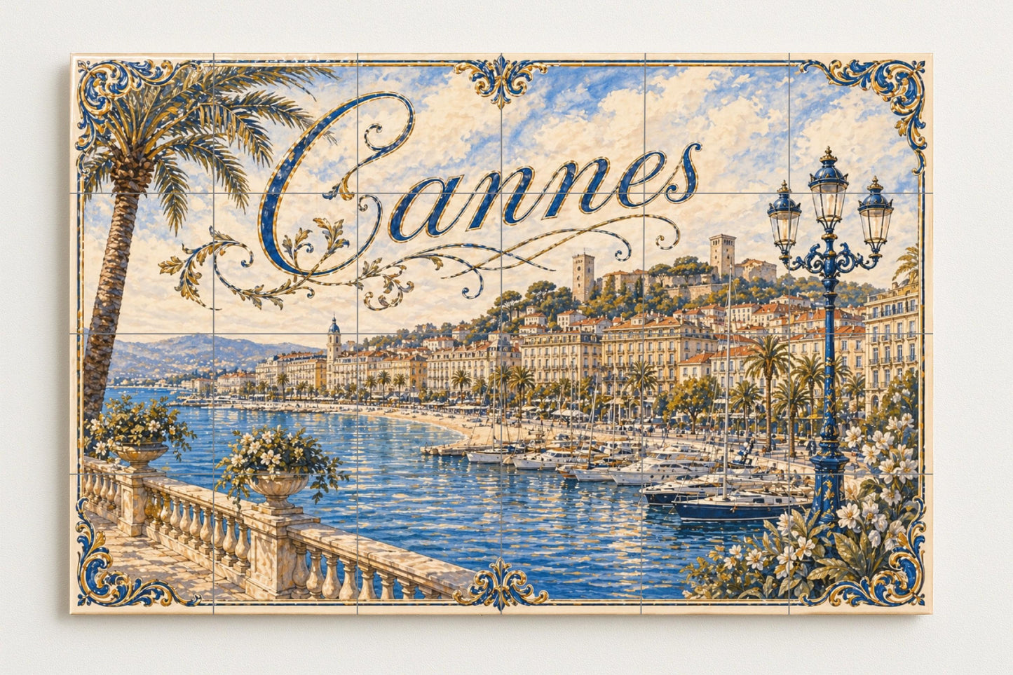 Cannes, Art Mural of the Riviera French co · Ceramic Wall Mural — Sea & Coastal Art