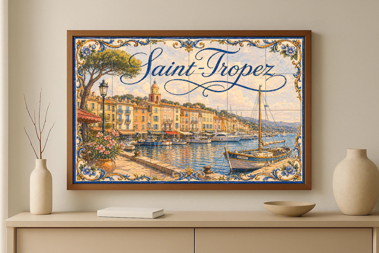 Fresque en Carrelage Saint-Tropez, Art Mural de la Riviera Franc — Art Maritime en Carreaux