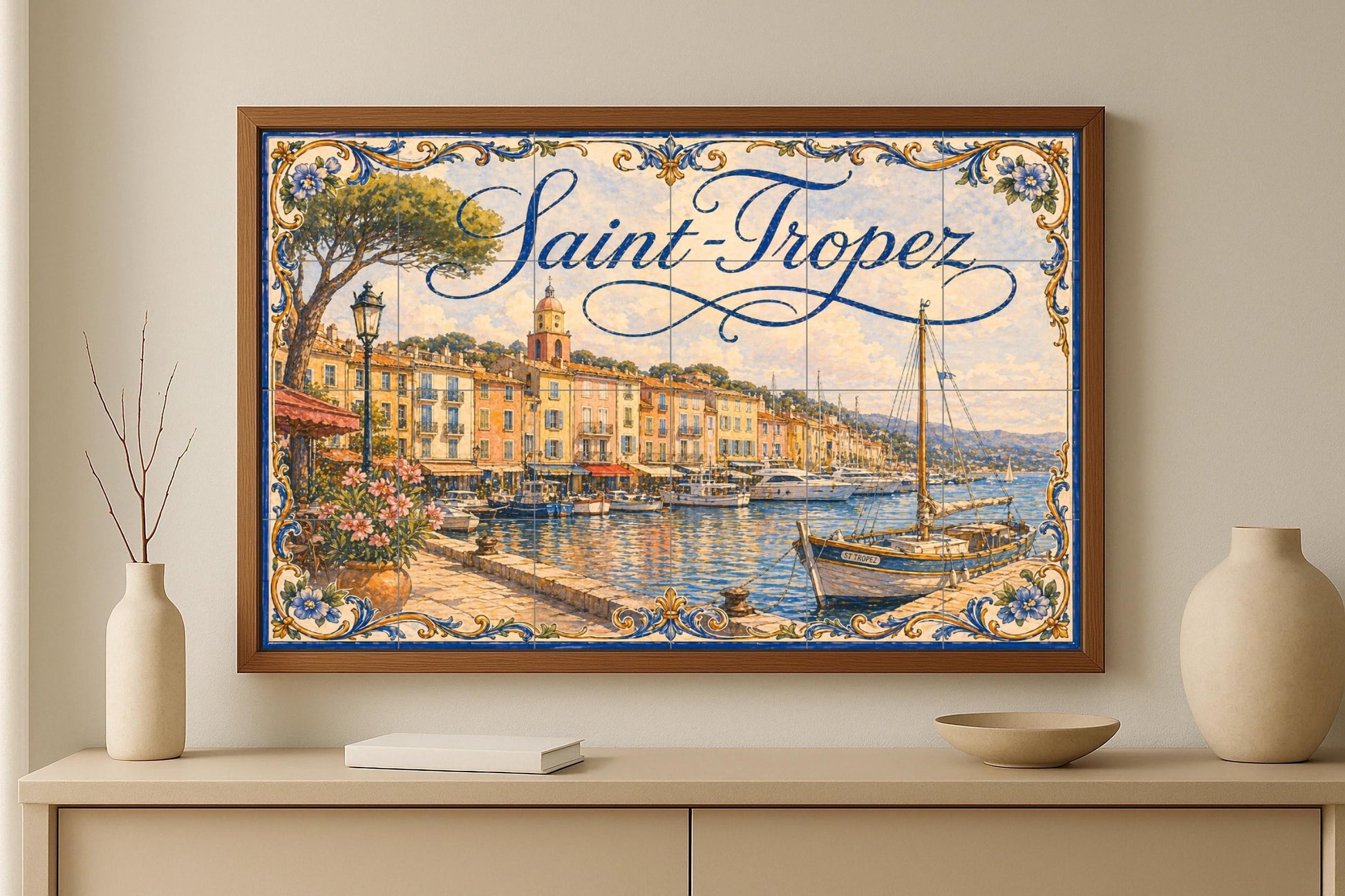 Fresque en Carrelage Saint-Tropez, Art Mural de la Riviera Franc — Art Maritime en Carreaux