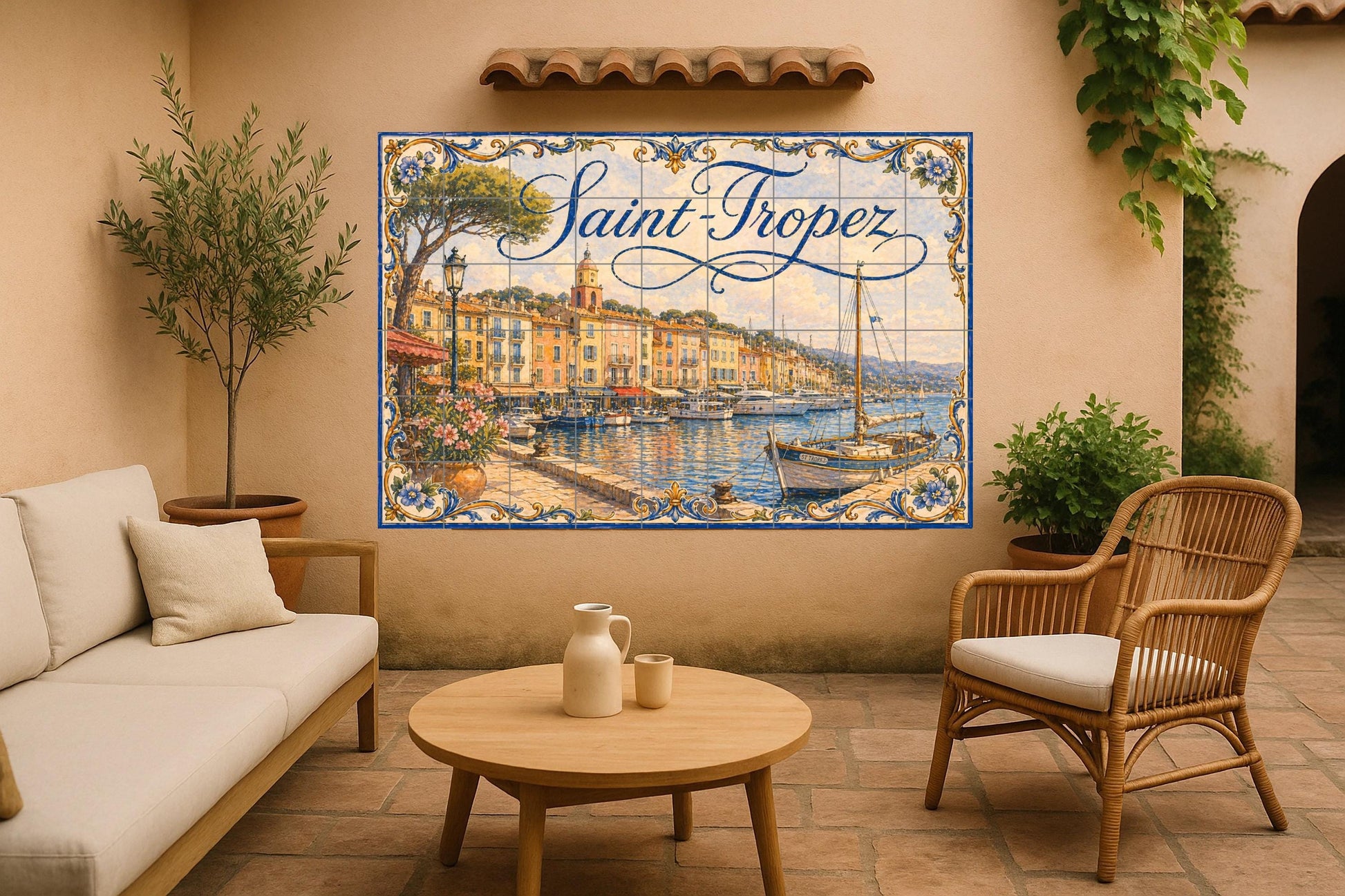 Fresque en Carrelage Saint-Tropez, Art Mural de la Riviera Franc — Art Maritime en Carreaux