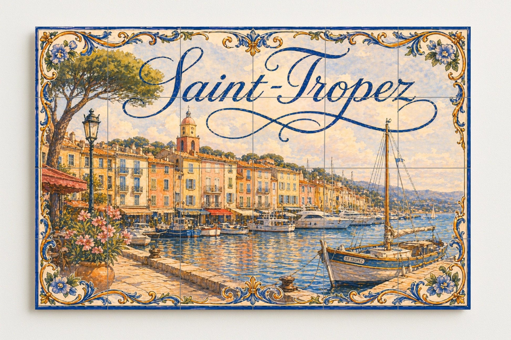 Fresque en Carrelage Saint-Tropez, Art Mural de la Riviera Franc — Art Maritime en Carreaux