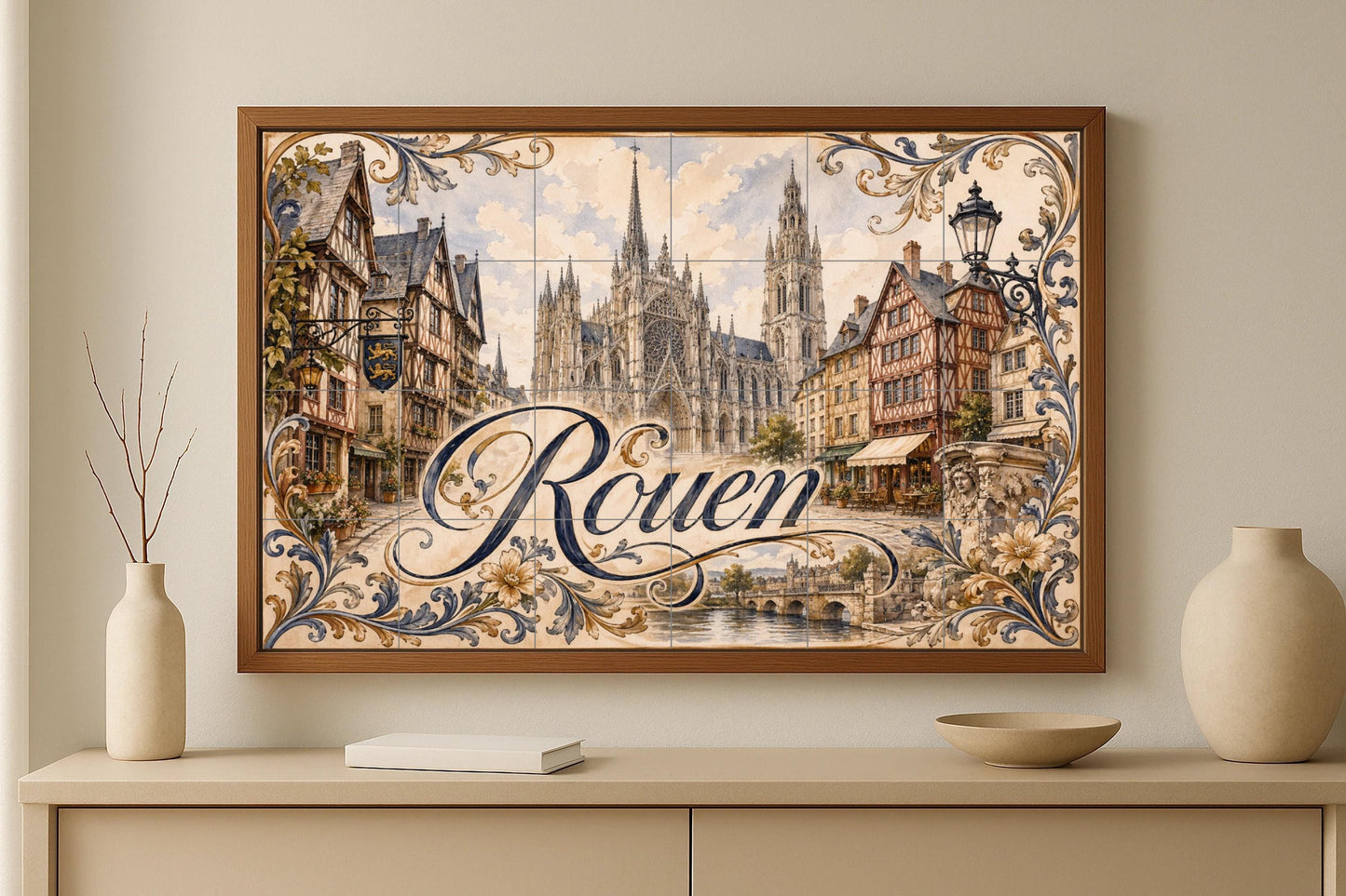 Mural de azulejos de cerámica de Rouen, arte mural de catedral gótica…