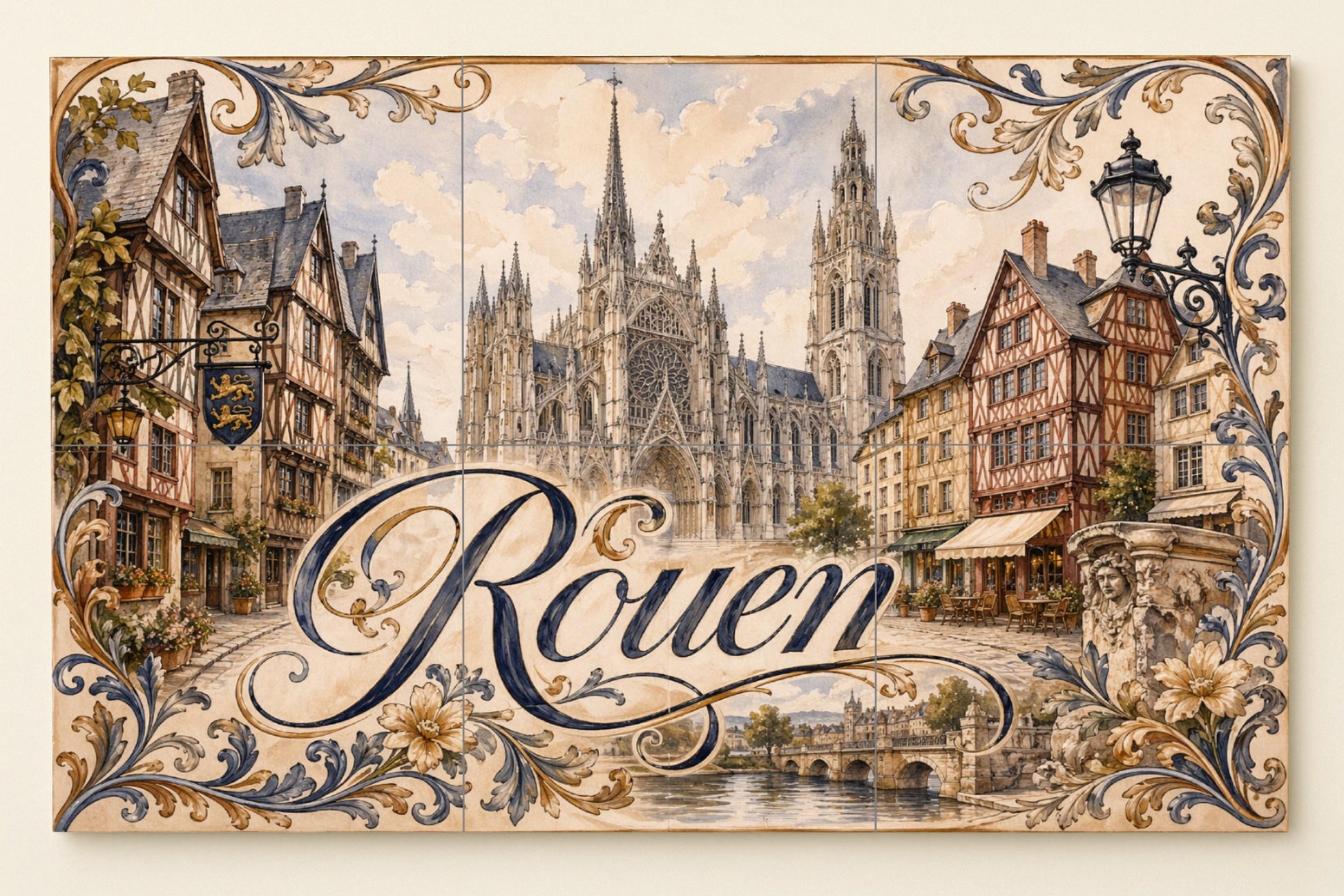 Mural de azulejos de cerámica de Rouen, arte mural de catedral gótica…