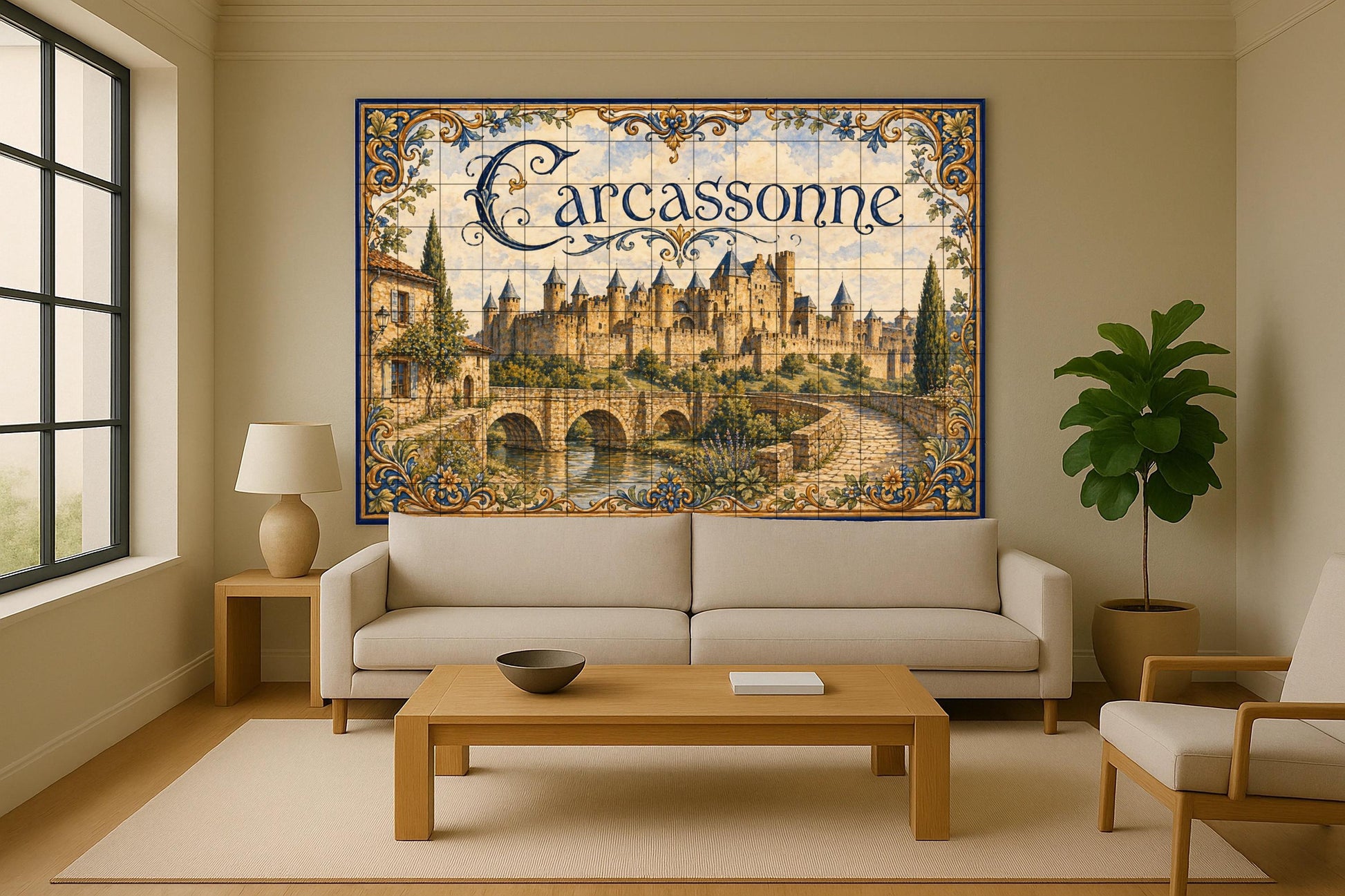 Carcasona, Art Mural de un Château medieva — Fresque Murale en Carreaux de Céramique · Fleurs et Paysages