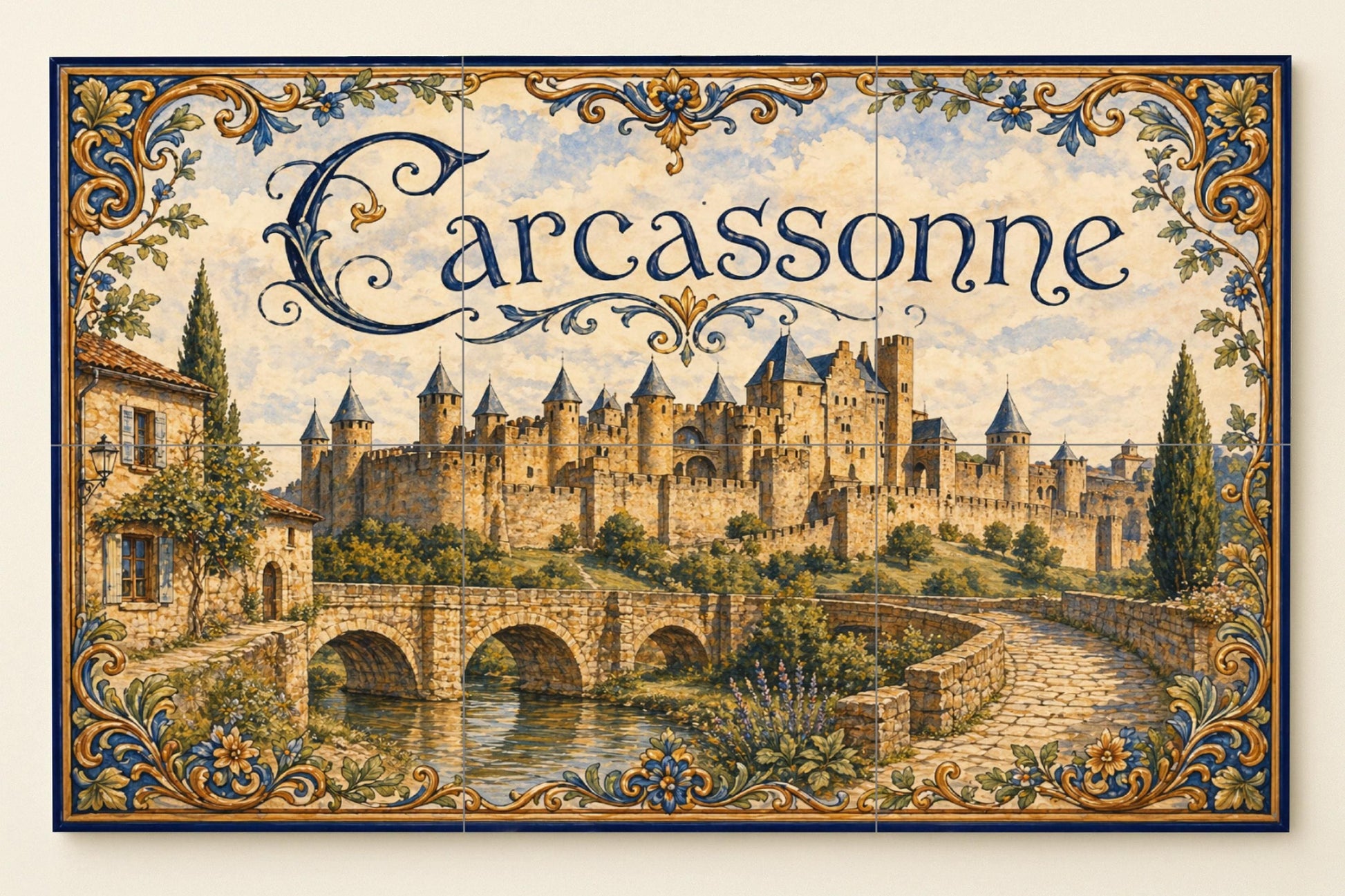 Carcasona, Art Mural de un Château medieva — Fresque Murale en Carreaux de Céramique · Fleurs et Paysages