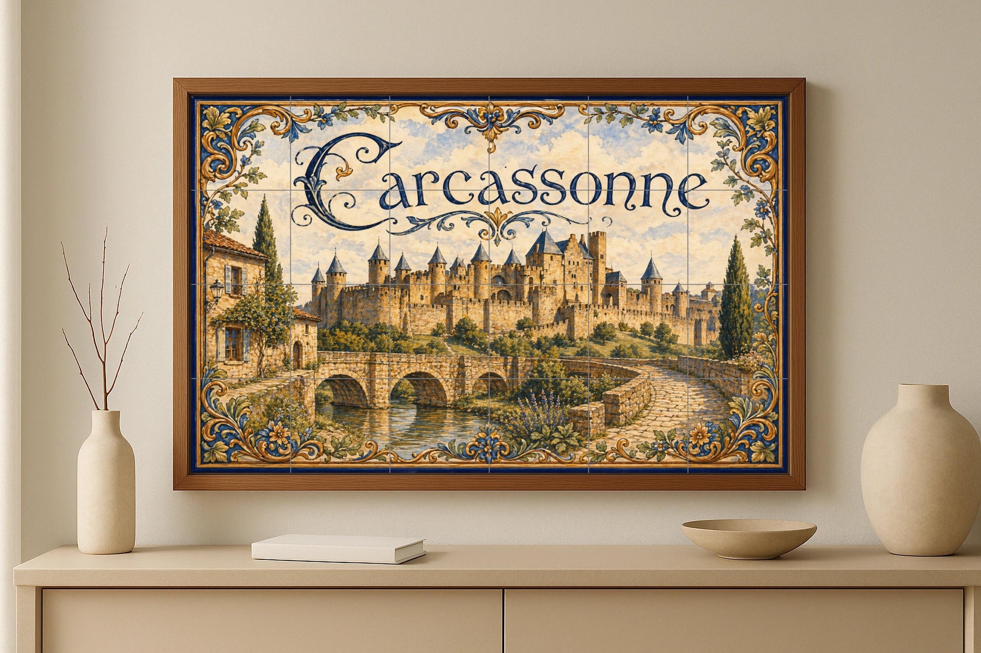 Carcasona, Art Mural de un Château medieva — Fresque Murale en Carreaux de Céramique · Fleurs et Paysages
