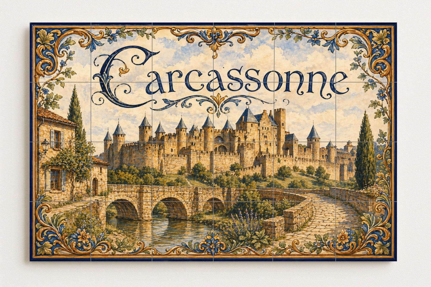 Carcasona, Art Mural de un Château medieva — Fresque Murale en Carreaux de Céramique · Fleurs et Paysages
